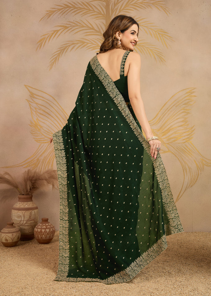 Dark Green Art Silk Embroidery Work Saree With Unstitched Blouse Piece For Woman's Trendmalls