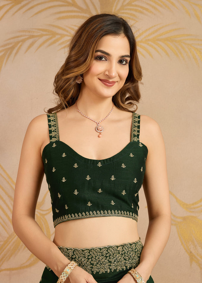Dark Green Art Silk Embroidery Work Saree With Unstitched Blouse Piece For Woman's Trendmalls
