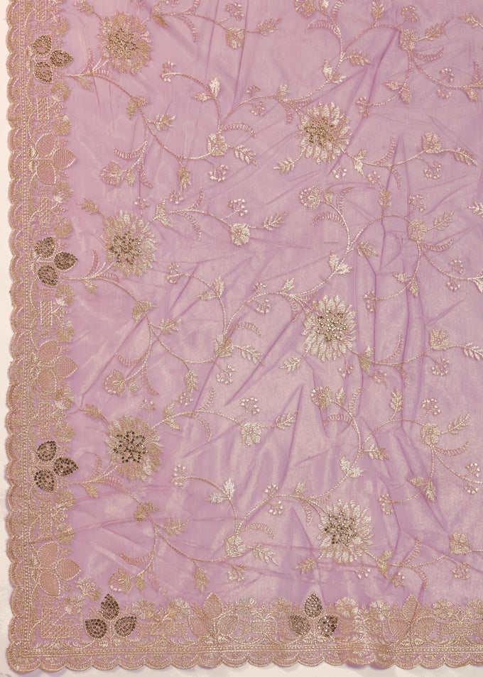 Light Purple Net Embroidery Work Saree With Unstitched Blouse Piece For Woman's Trendmalls