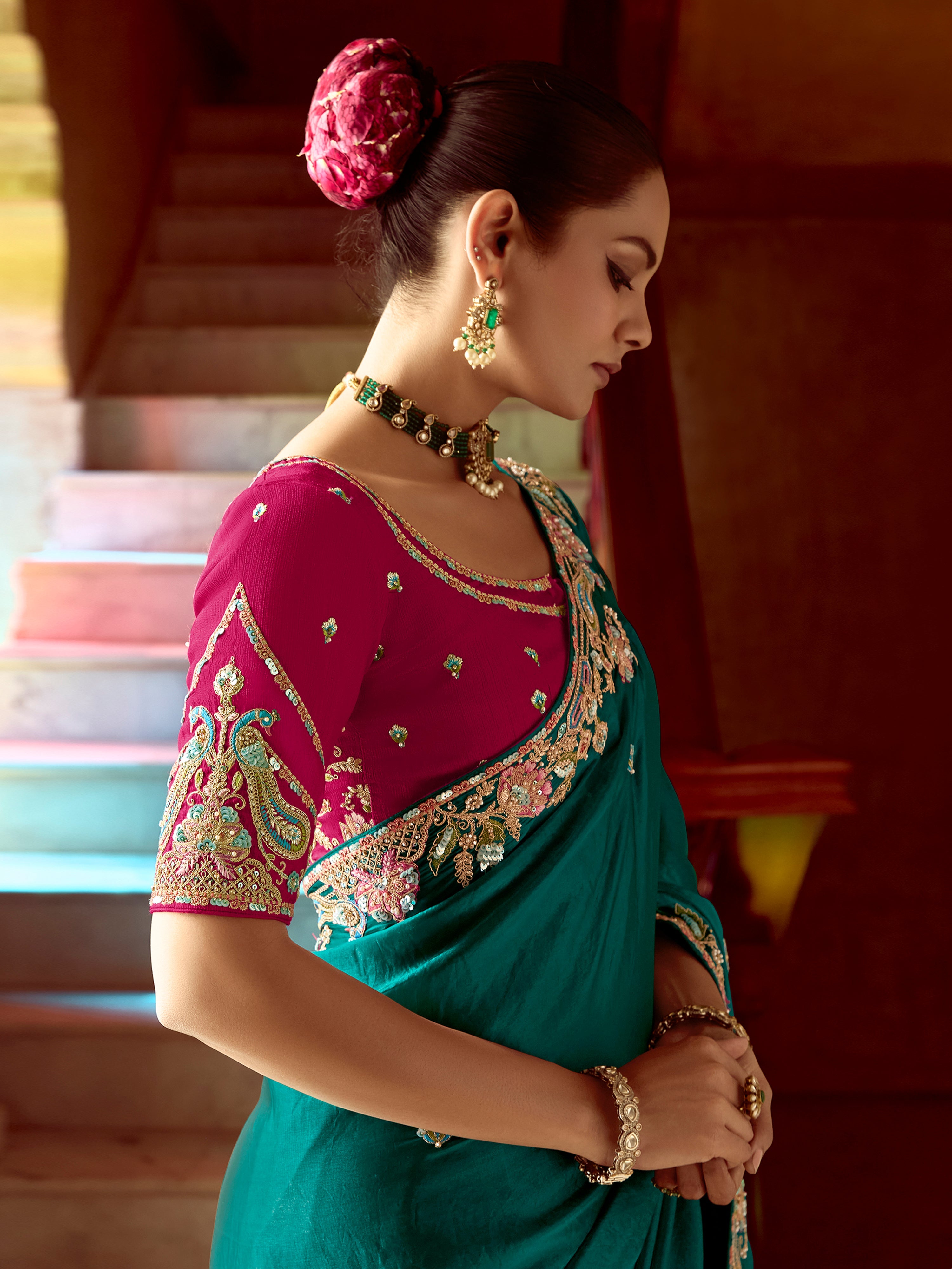 Teal Blue Satin Embroidery Sequence work Saree with Unstitched Blouse Piece Trendmalls