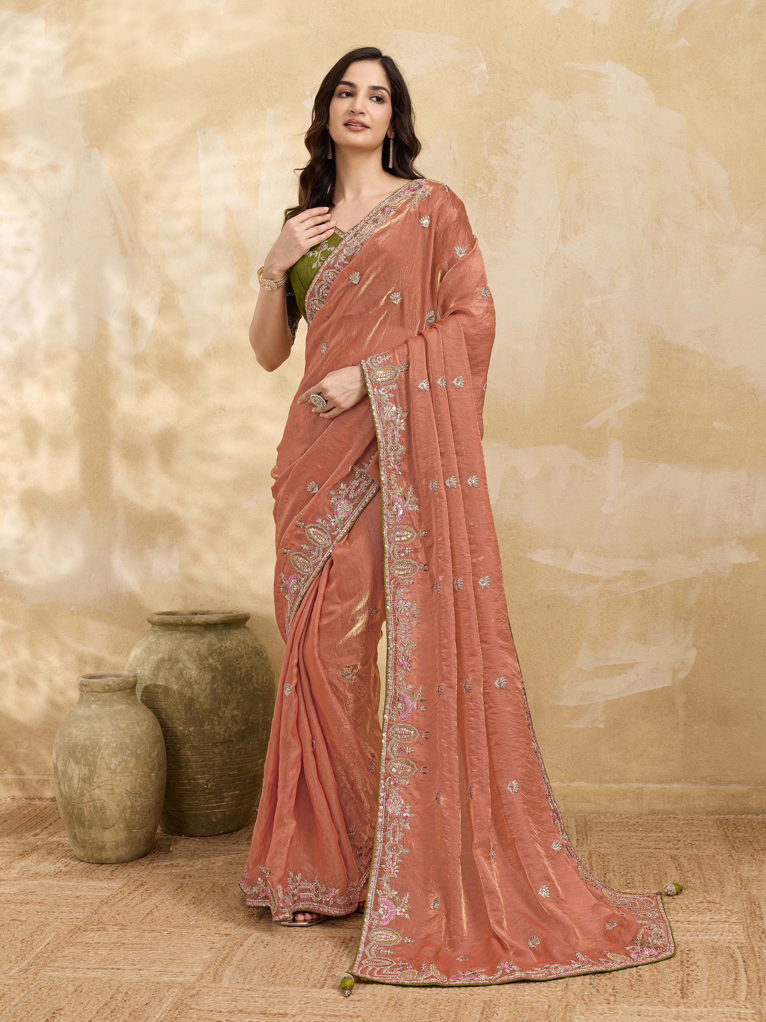 Orange Satin Embroidery Sequence work Saree with Unstitched Blouse Piece