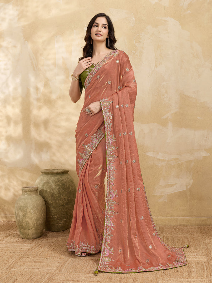 Orange Satin Embroidery Sequence work Saree with Unstitched Blouse Piece
