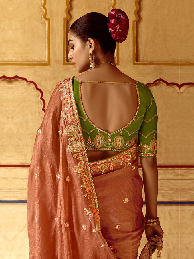 Orange Satin Embroidery Sequence work Saree with Unstitched Blouse Piece Trendmalls