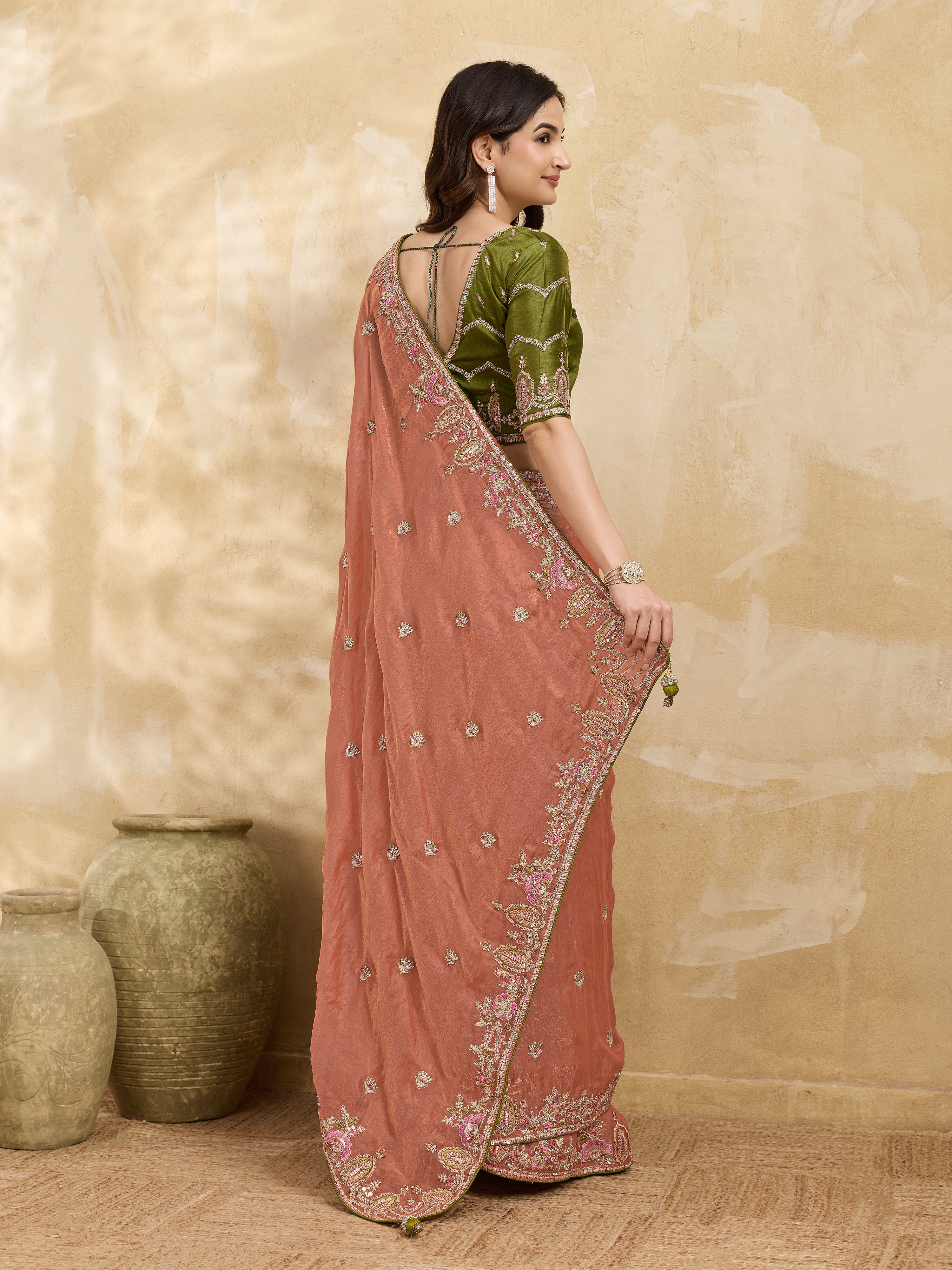 Orange Satin Embroidery Sequence work Saree with Unstitched Blouse Piece