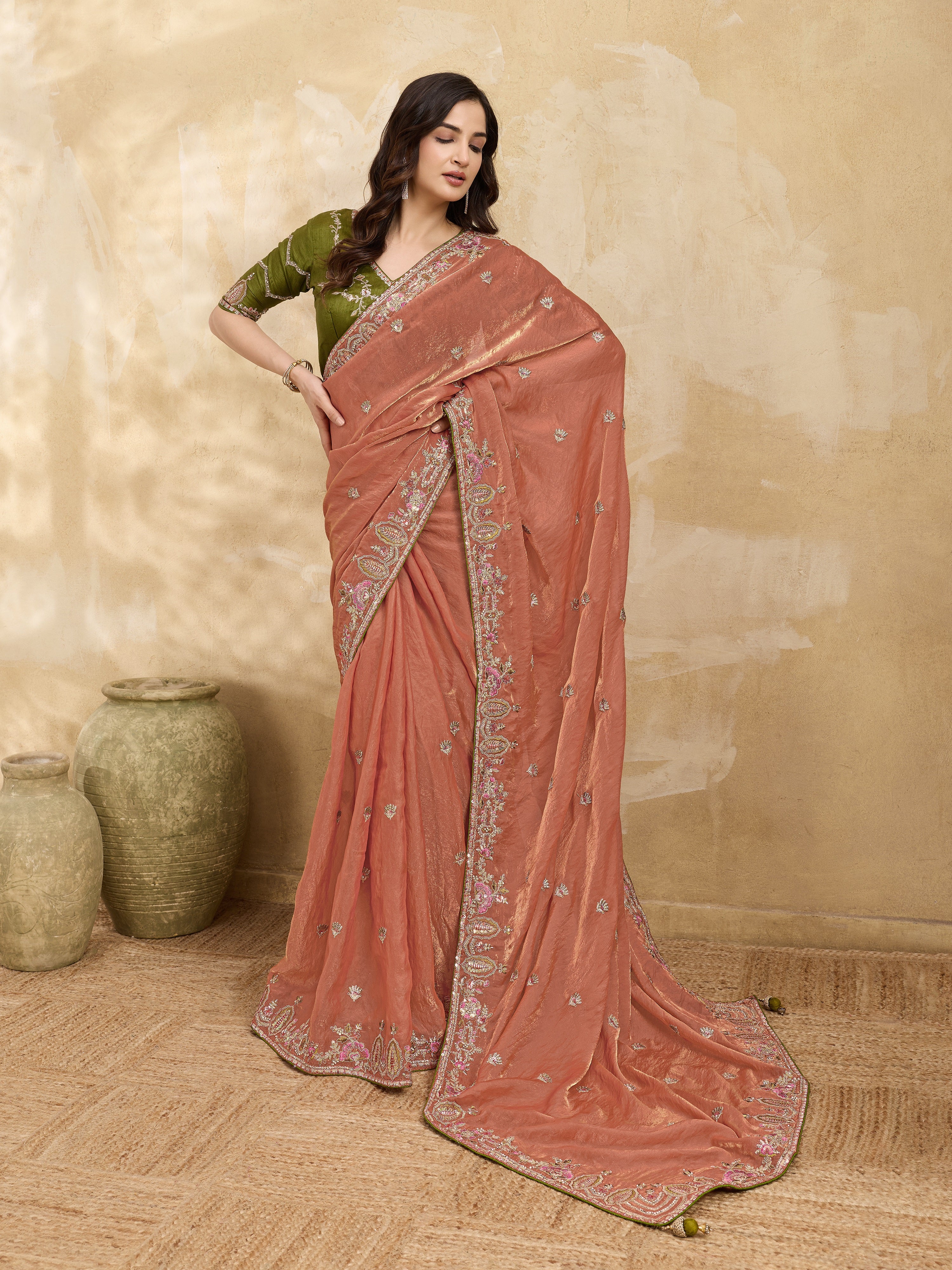 Orange Satin Embroidery Sequence work Saree with Unstitched Blouse Piece