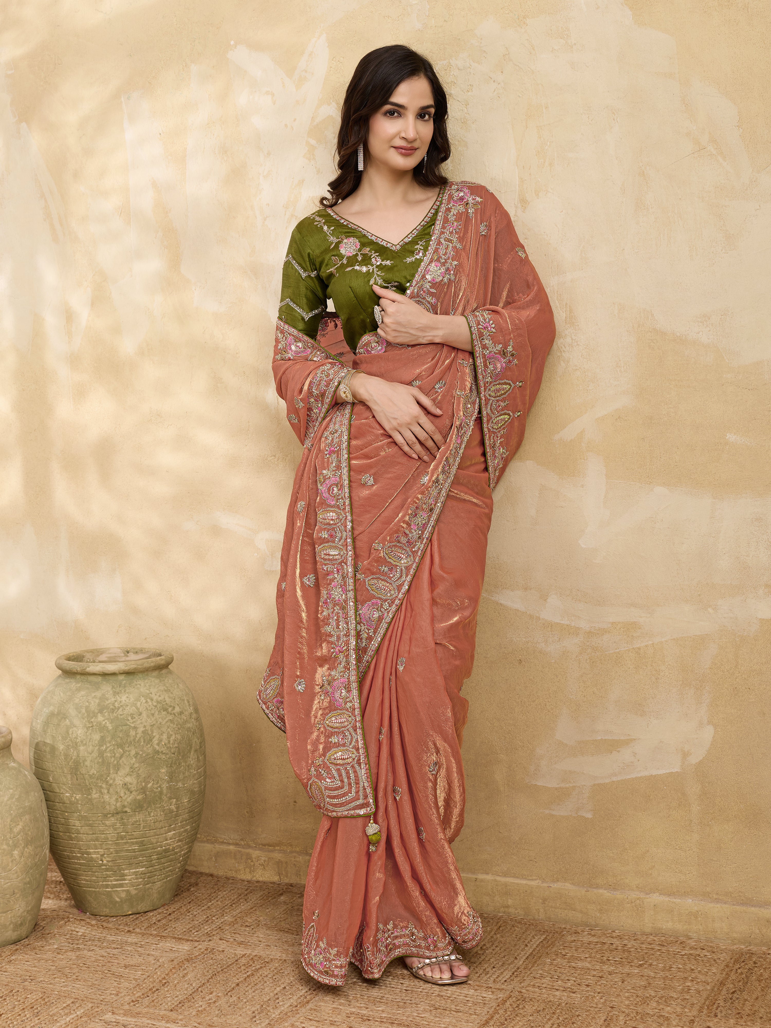 Orange Satin Embroidery Sequence work Saree with Unstitched Blouse Piece