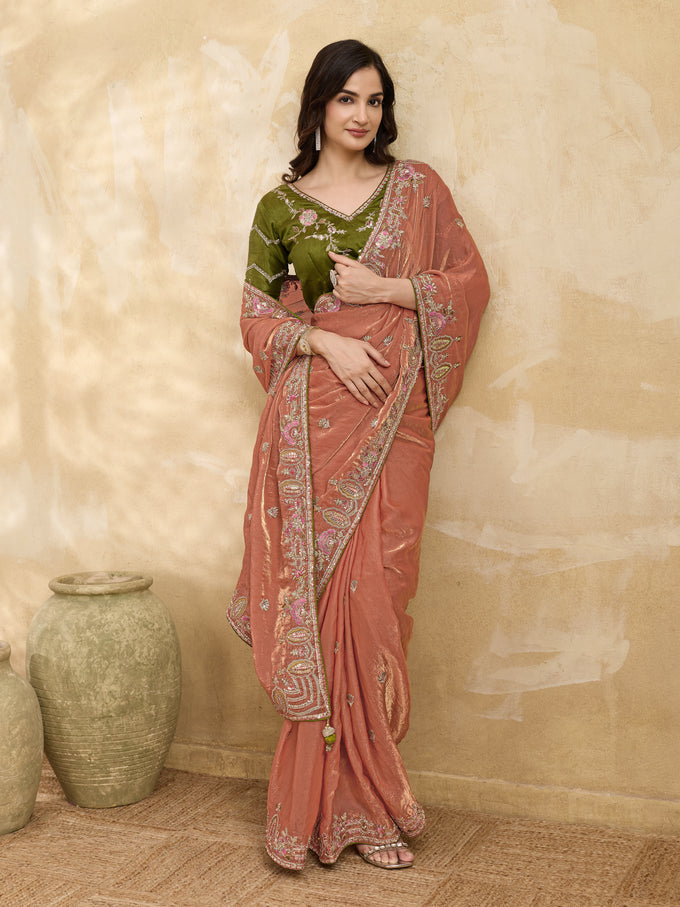 Orange Satin Embroidery Sequence work Saree with Unstitched Blouse Piece