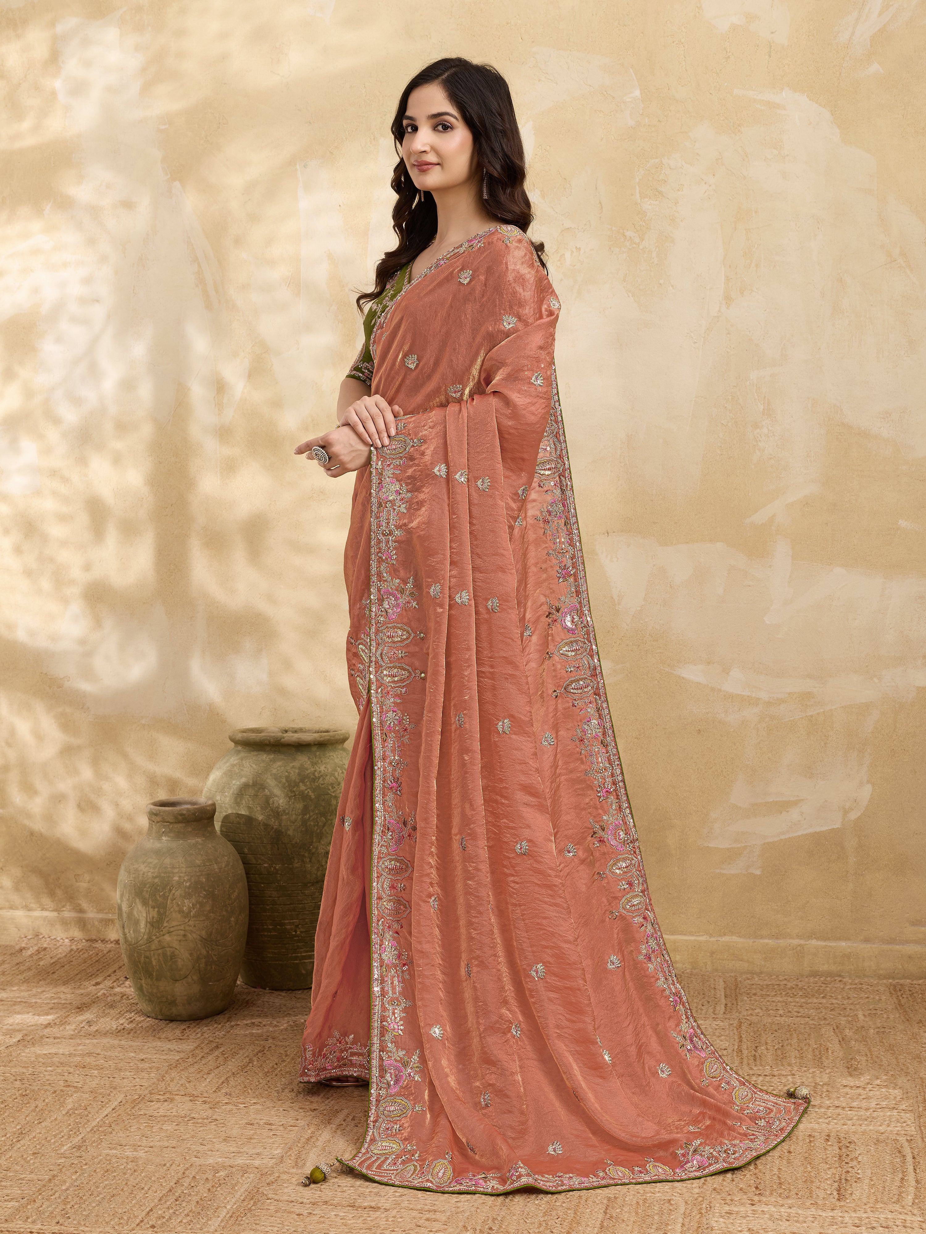 Orange Satin Embroidery Sequence work Saree with Unstitched Blouse Piece