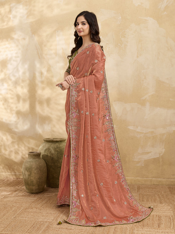 Orange Satin Embroidery Sequence work Saree with Unstitched Blouse Piece