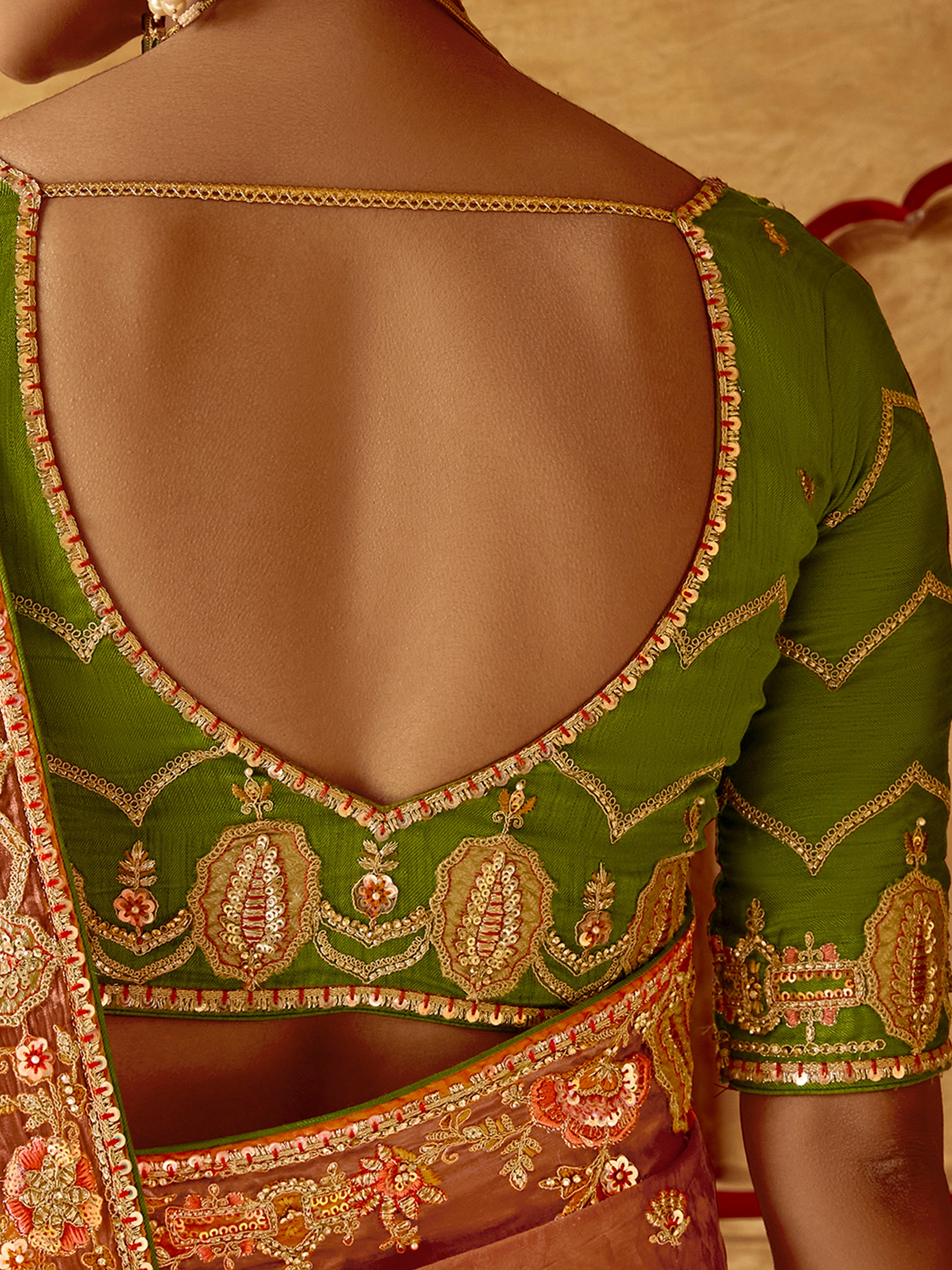 Orange Satin Embroidery Sequence work Saree with Unstitched Blouse Piece Trendmalls