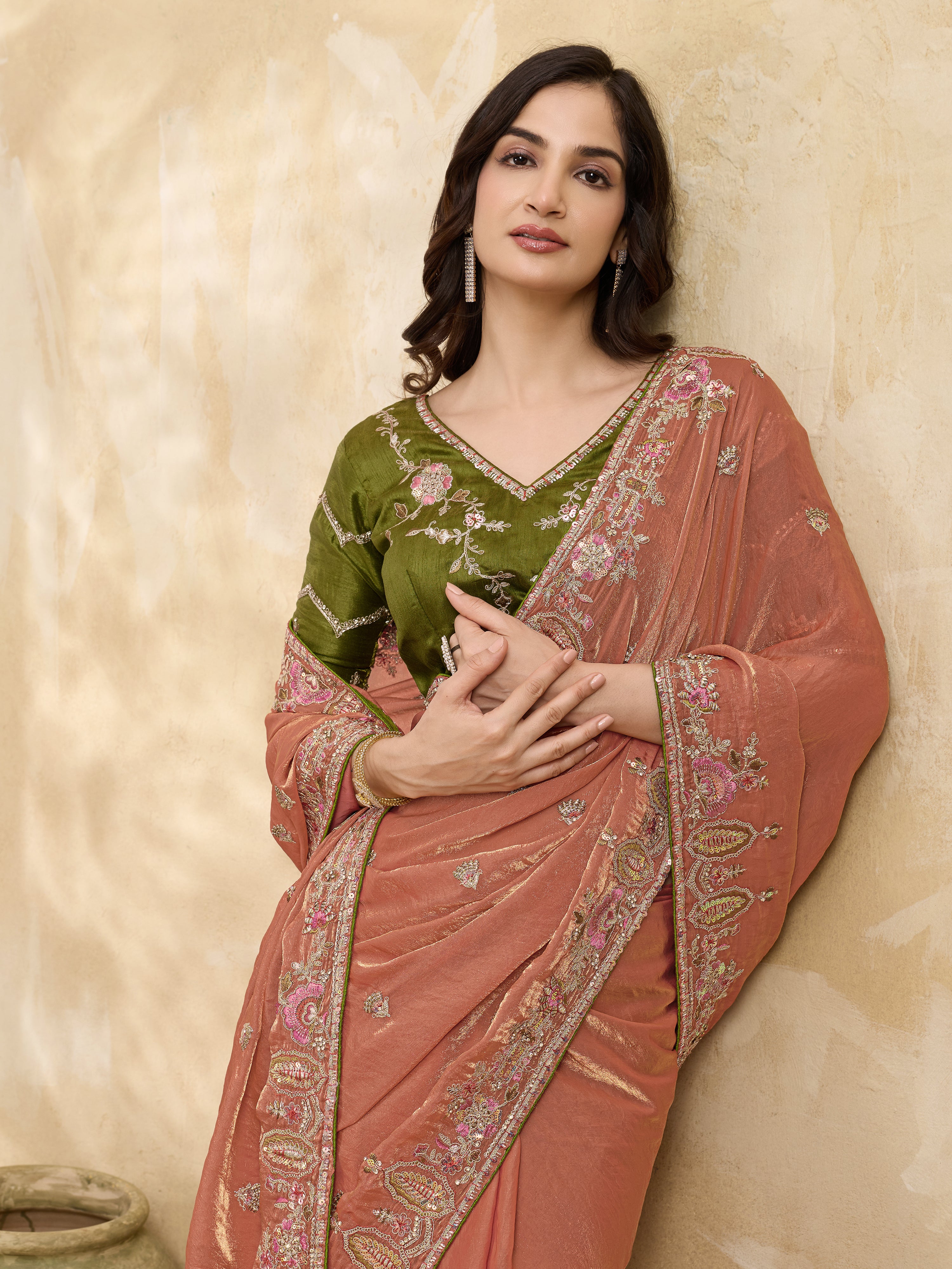Orange Satin Embroidery Sequence work Saree with Unstitched Blouse Piece