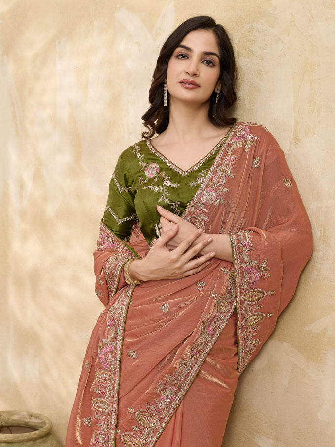 Orange Satin Embroidery Sequence work Saree with Unstitched Blouse Piece