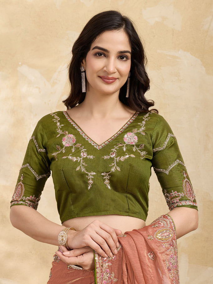 Orange Satin Embroidery Sequence work Saree with Unstitched Blouse Piece