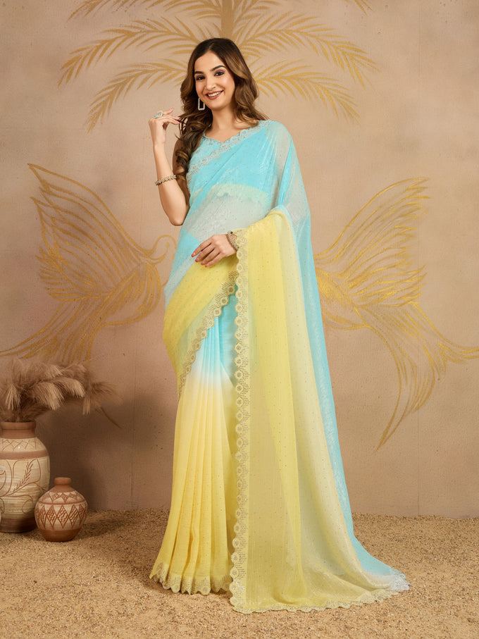 Skyblueyellow Tussar Silk Siroski Work Saree with Unstitch Blouse Piece Trendmalls