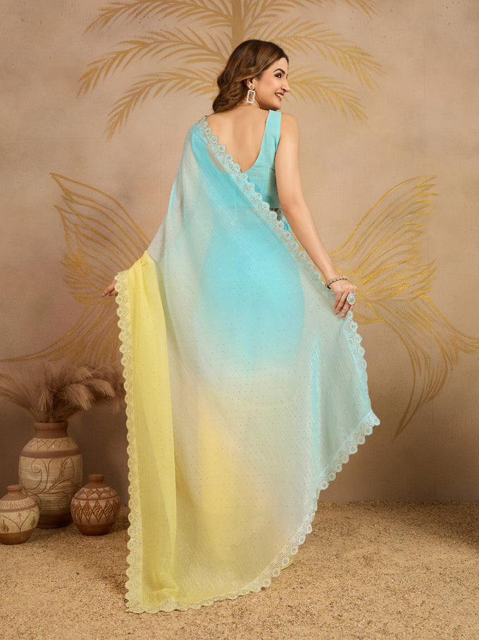 Skyblueyellow Tussar Silk Siroski Work Saree with Unstitch Blouse Piece Trendmalls