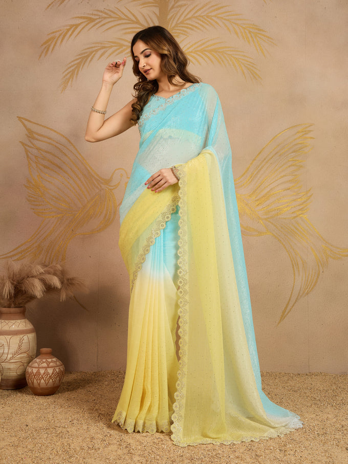 Skyblueyellow Tussar Silk Siroski Work Saree with Unstitch Blouse Piece Trendmalls