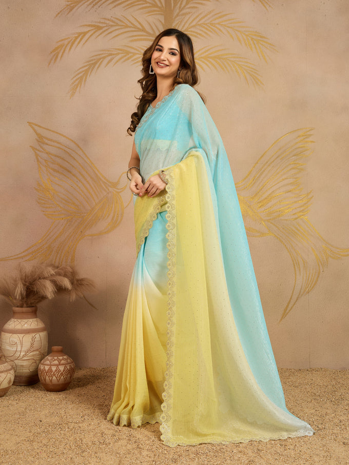 Skyblueyellow Tussar Silk Siroski Work Saree with Unstitch Blouse Piece Trendmalls