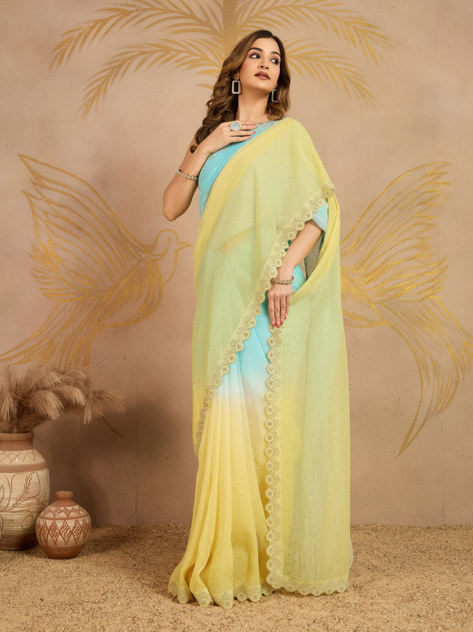 Skyblueyellow Tussar Silk Siroski Work Saree with Unstitch Blouse Piece Trendmalls