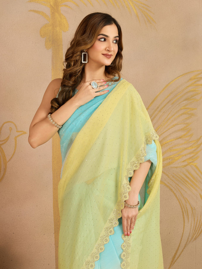 Skyblueyellow Tussar Silk Siroski Work Saree with Unstitch Blouse Piece Trendmalls