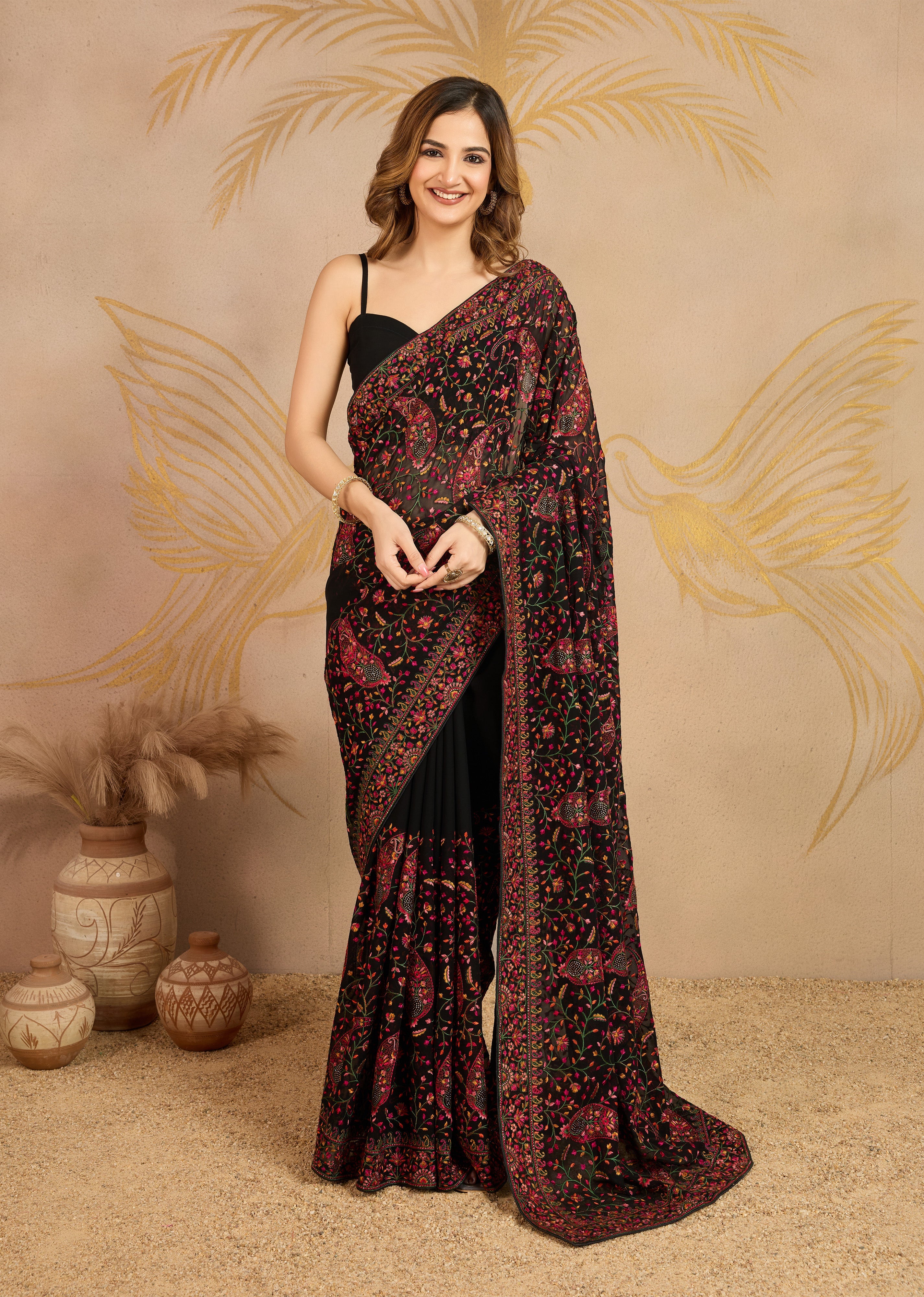 Black Georgette Multi Colour Resham Thread Embroidery work Saree with Unstitched Blouse Piece For Women's Trendmalls