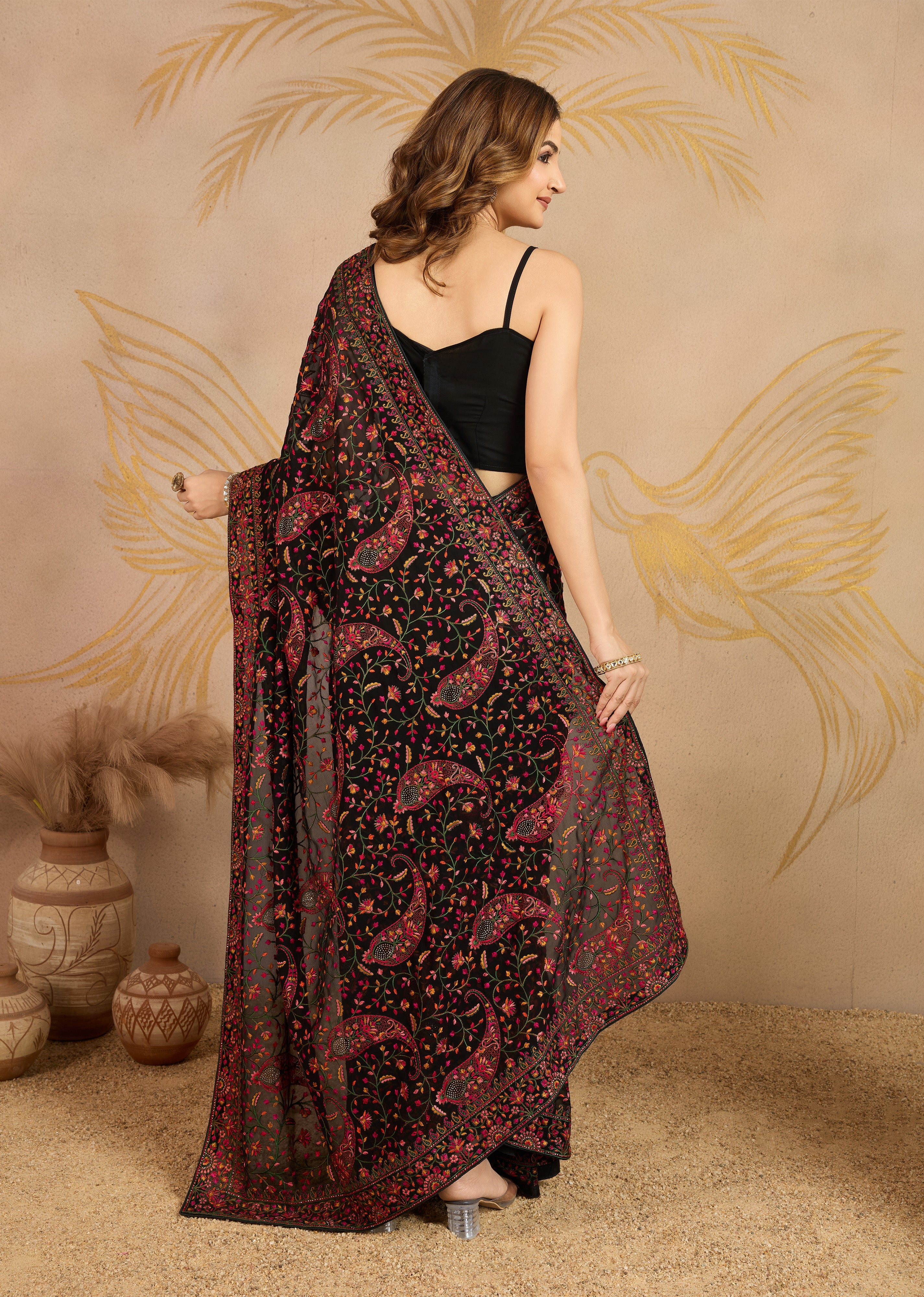 Black Georgette Multi Colour Resham Thread Embroidery work Saree with Unstitched Blouse Piece For Women's Trendmalls