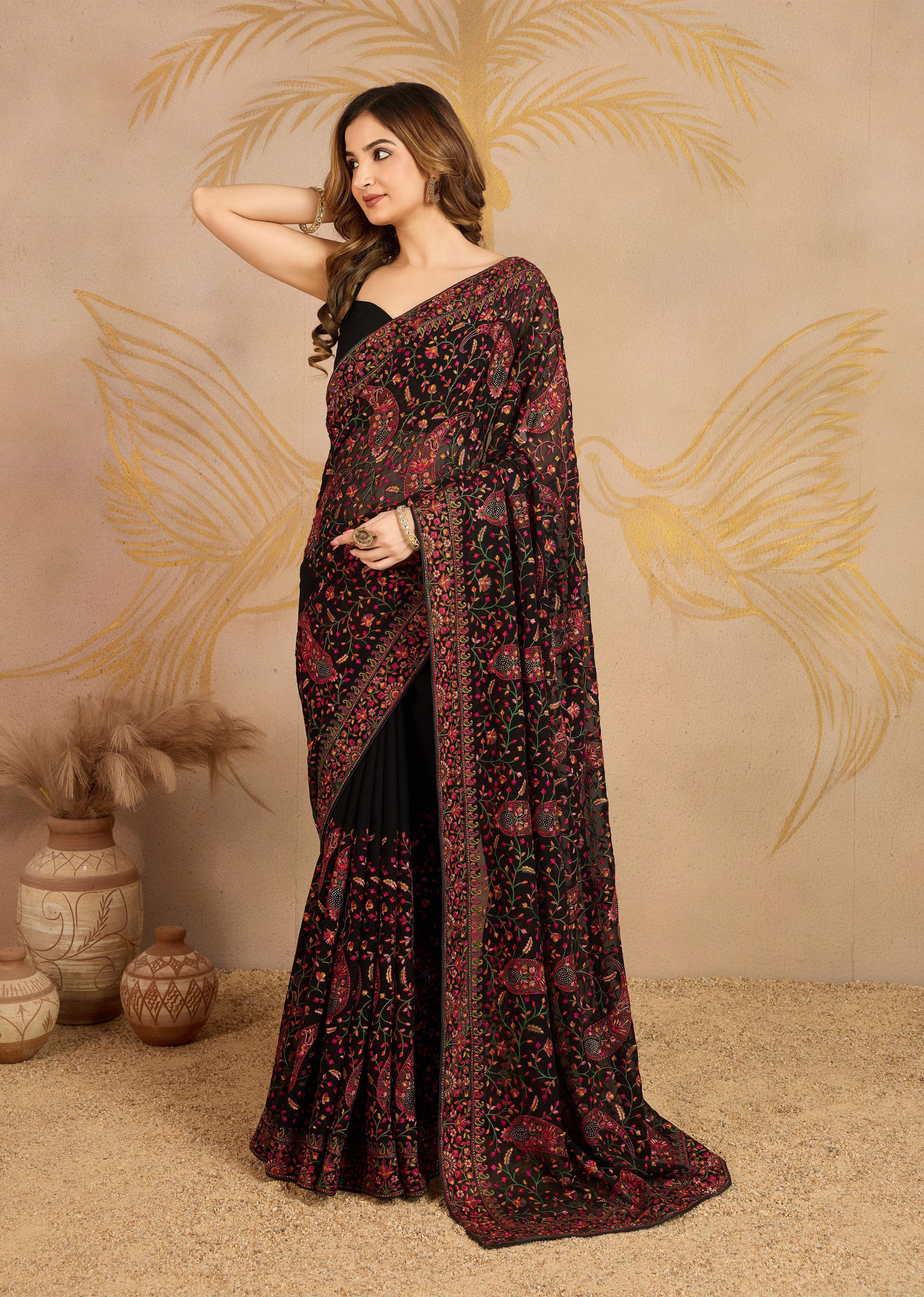 Black Georgette Multi Colour Resham Thread Embroidery work Saree with Unstitched Blouse Piece For Women's Trendmalls