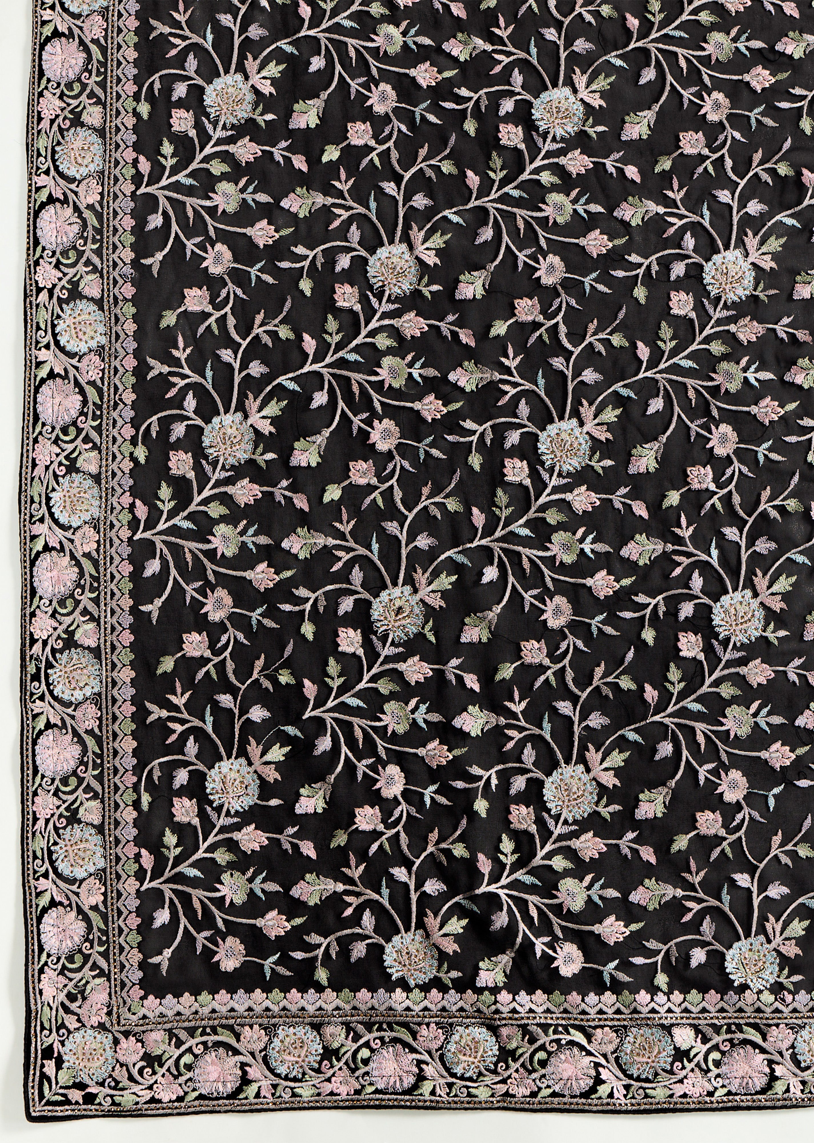 Black Georgette Multi Colour Resham Thread Embroidery with Siroski work Saree with Unstitched Blouse Piece For Women's Trendmalls