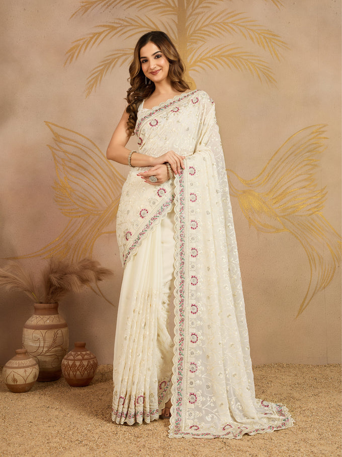 OffWhite Geogette Embroidery Zarkan Work Saree with Unstitched Blouse Piece For Women's Trendmalls