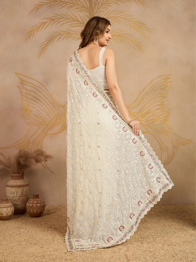 OffWhite Geogette Embroidery Zarkan Work Saree with Unstitched Blouse Piece For Women's Trendmalls