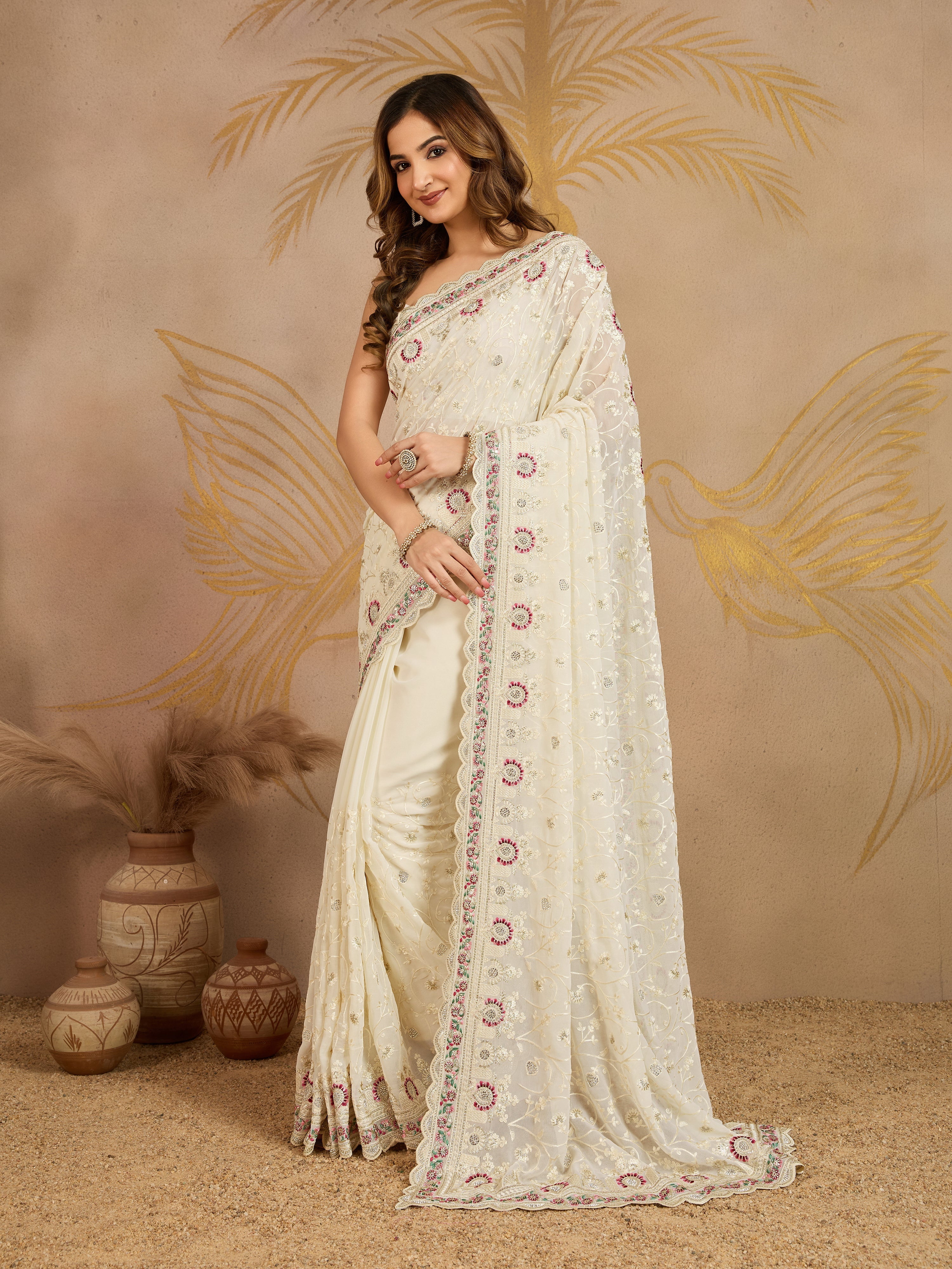 OffWhite Geogette Embroidery Zarkan Work Saree with Unstitched Blouse Piece For Women's Trendmalls