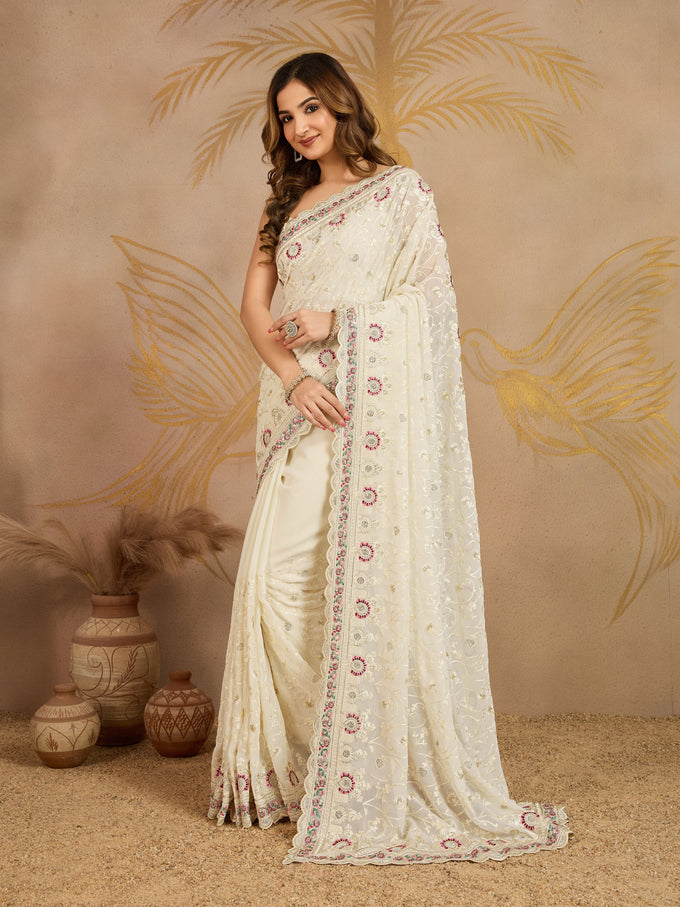 OffWhite Geogette Embroidery Zarkan Work Saree with Unstitched Blouse Piece For Women's Trendmalls