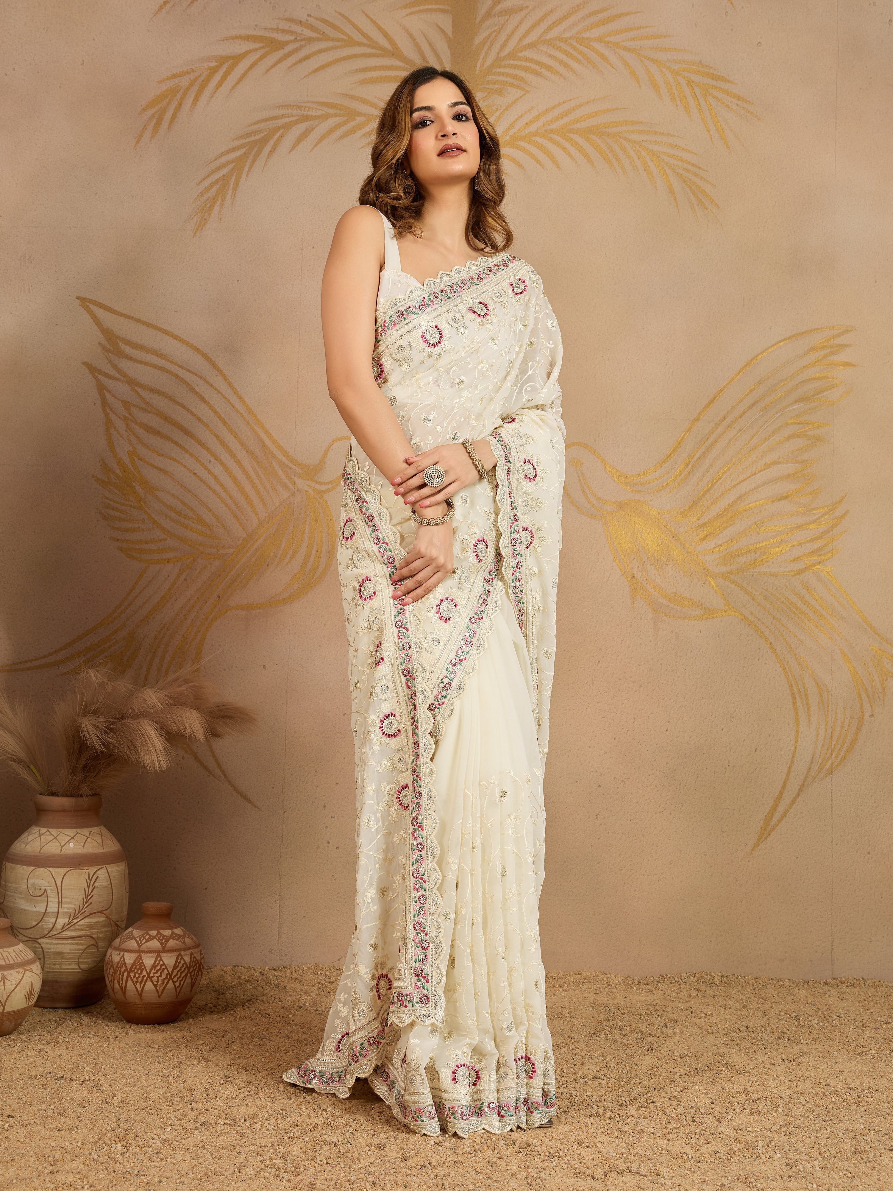 OffWhite Geogette Embroidery Zarkan Work Saree with Unstitched Blouse Piece For Women's Trendmalls