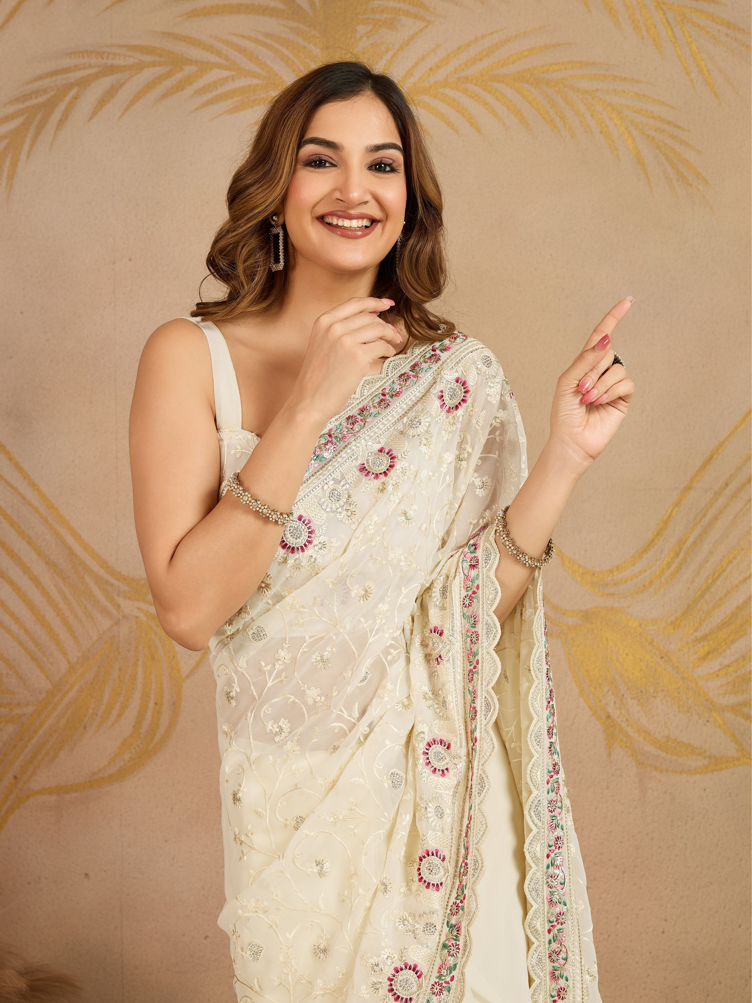OffWhite Geogette Embroidery Zarkan Work Saree with Unstitched Blouse Piece For Women's Trendmalls
