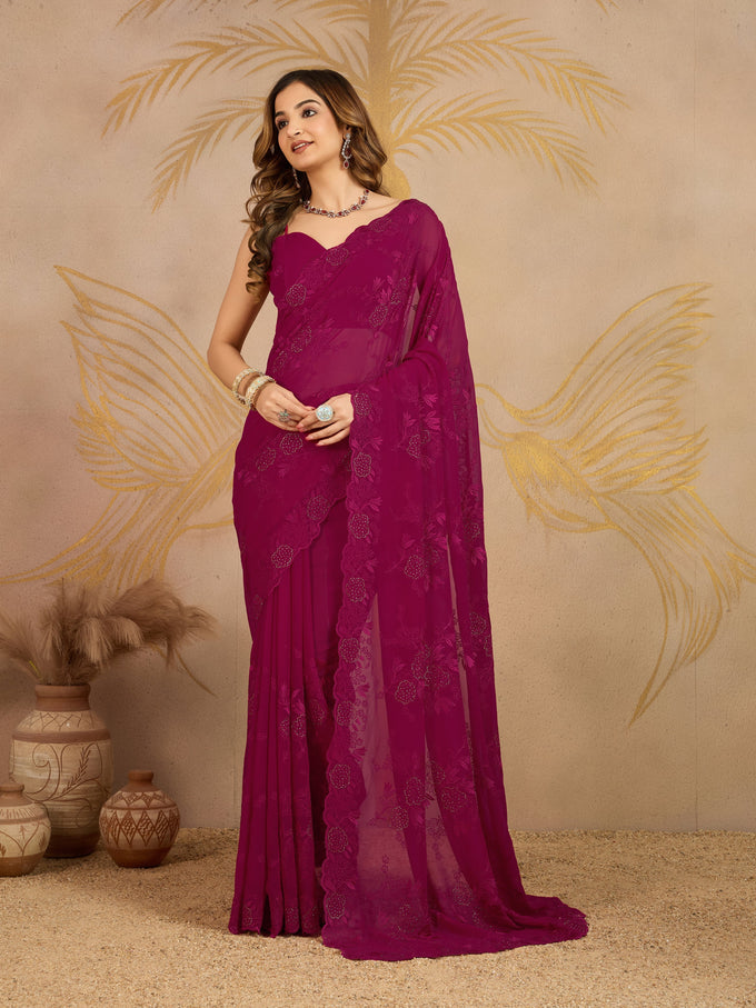 Darkpink Geogette Embroidery Siroski Work Saree with Unstitched Blouse Piece For Women's Trendmalls
