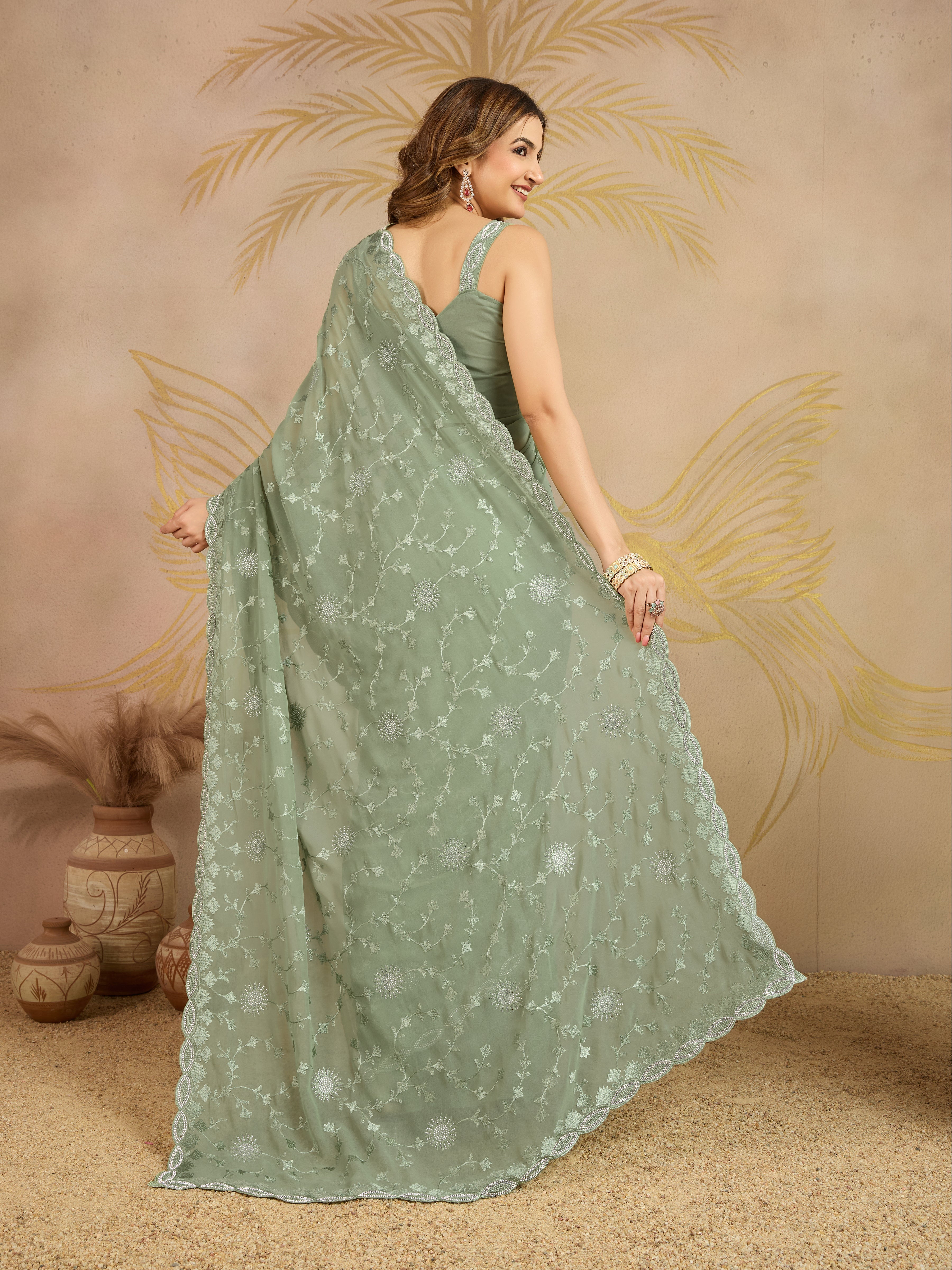 Lightgreen Geogette Embroidery Zarkan Work Saree with Unstitched Blouse Piece For Women's Trendmalls