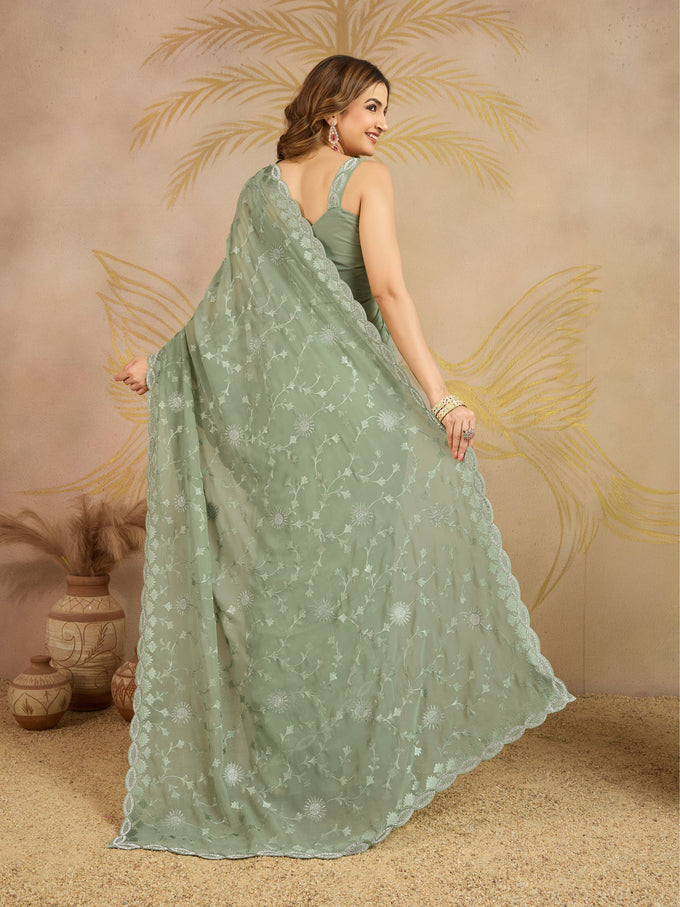 Lightgreen Geogette Embroidery Zarkan Work Saree with Unstitched Blouse Piece For Women's Trendmalls