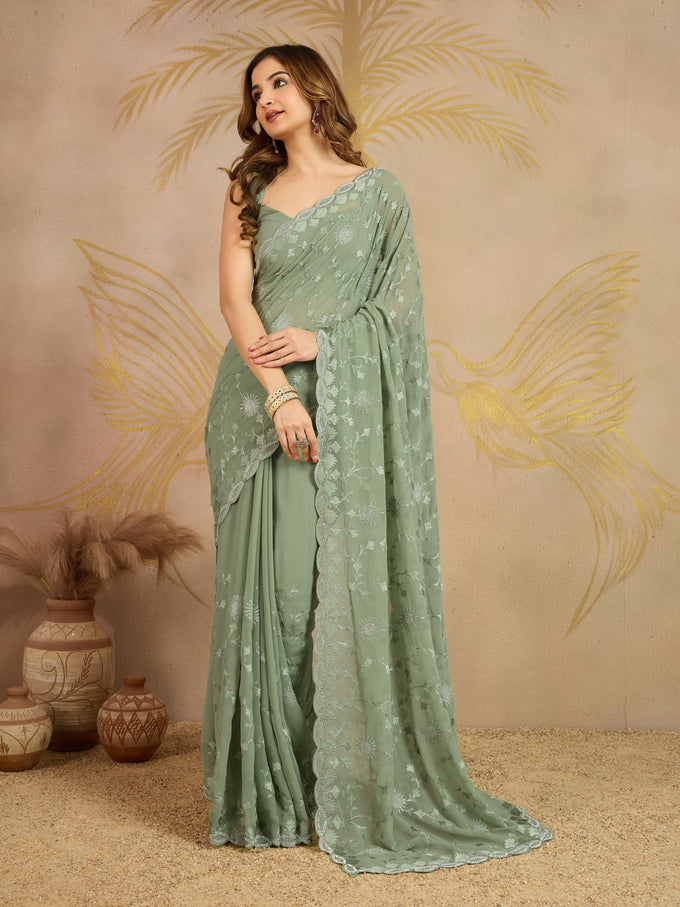 Lightgreen Geogette Embroidery Zarkan Work Saree with Unstitched Blouse Piece For Women's Trendmalls