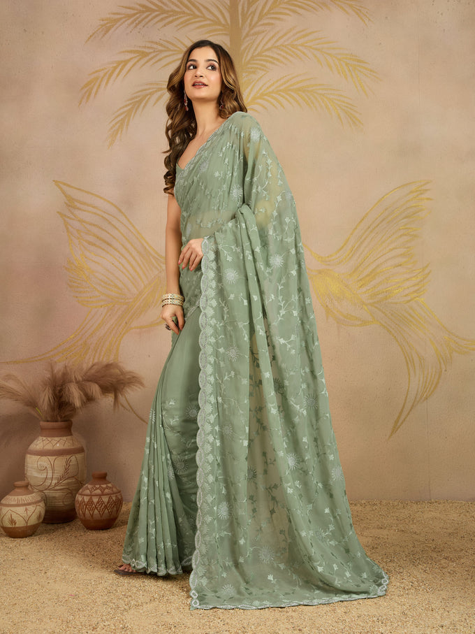 Lightgreen Geogette Embroidery Zarkan Work Saree with Unstitched Blouse Piece For Women's Trendmalls