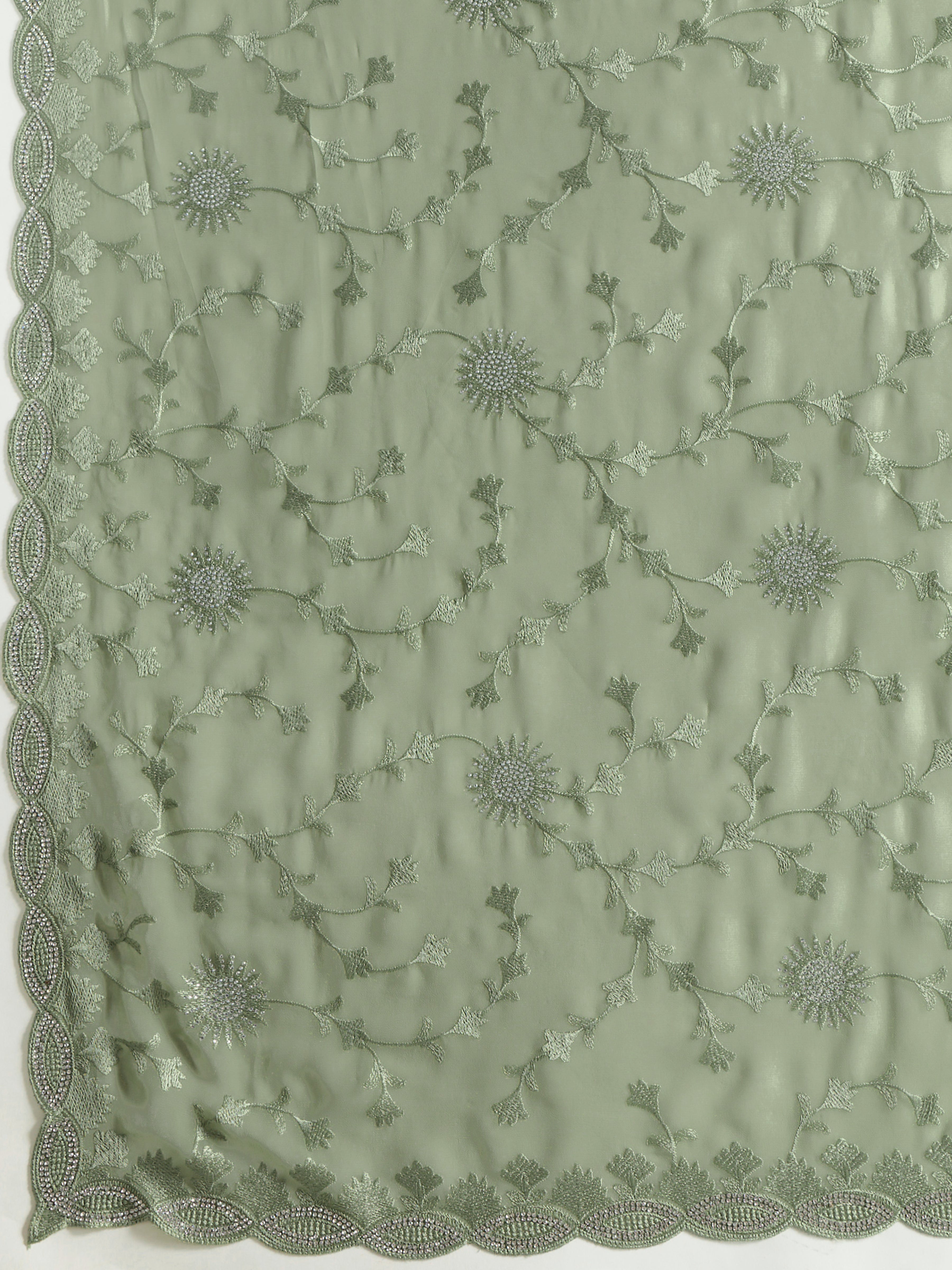 Lightgreen Geogette Embroidery Zarkan Work Saree with Unstitched Blouse Piece For Women's Trendmalls
