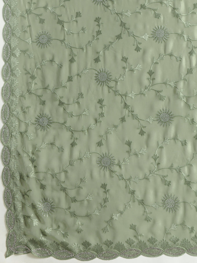 Lightgreen Geogette Embroidery Zarkan Work Saree with Unstitched Blouse Piece For Women's Trendmalls