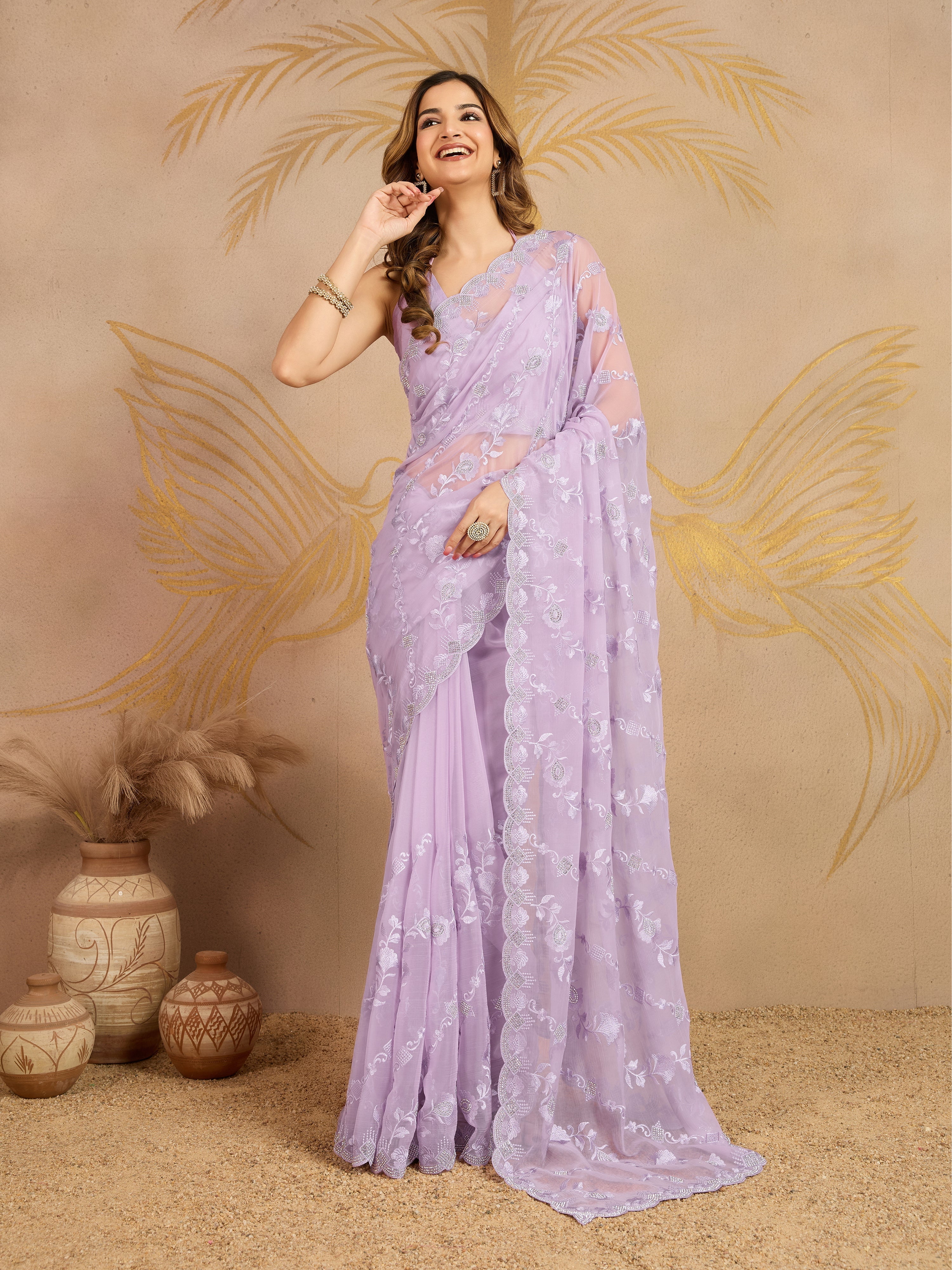 LightPurple Chiffon Embroidery Zarkan Work Saree with Unstitched Blouse Piece For Women's Trendmalls