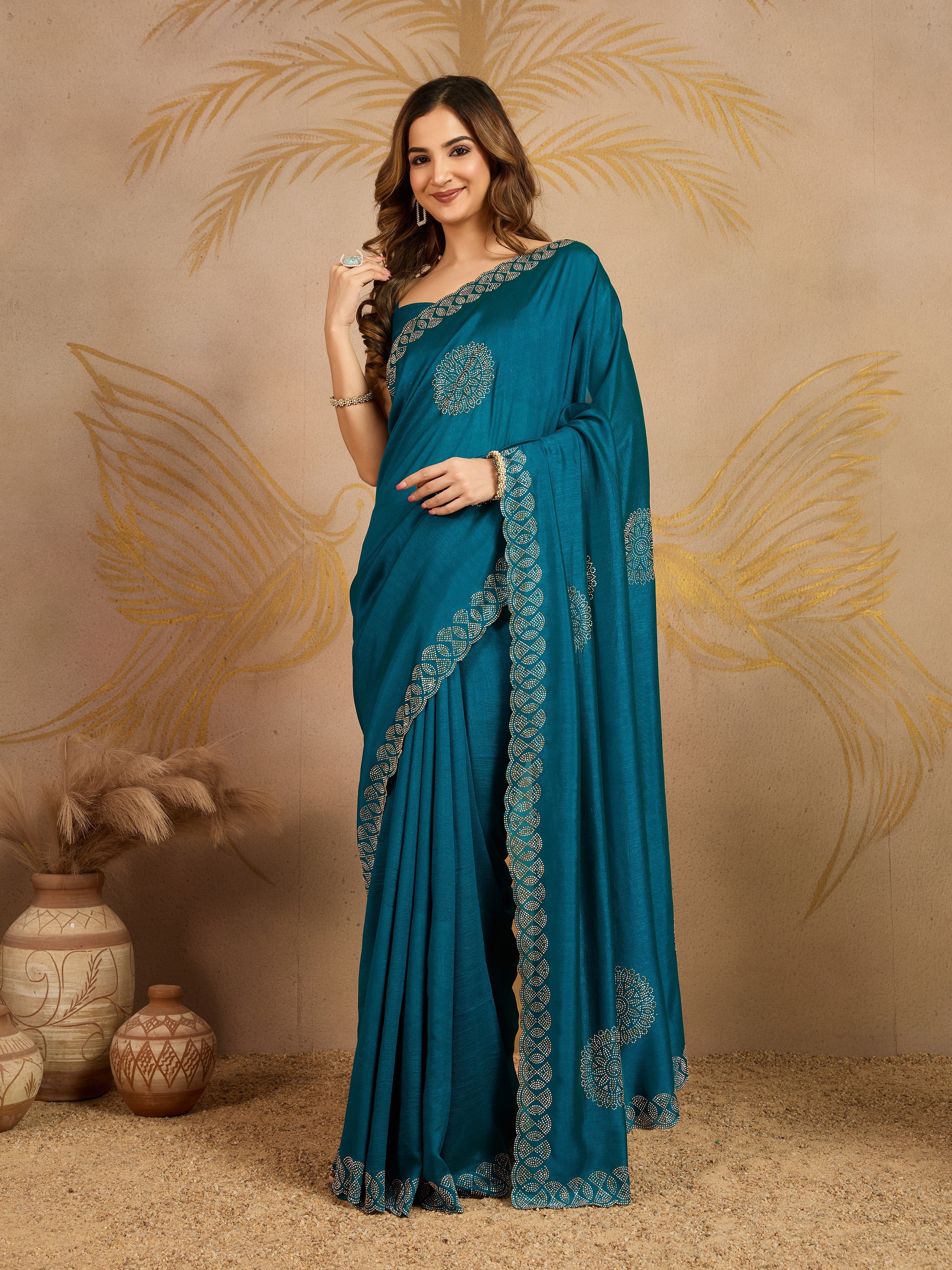 Morpeach Art Silk Siroski Work Saree with Unstitch Blouse Piece For Women's Trendmalls