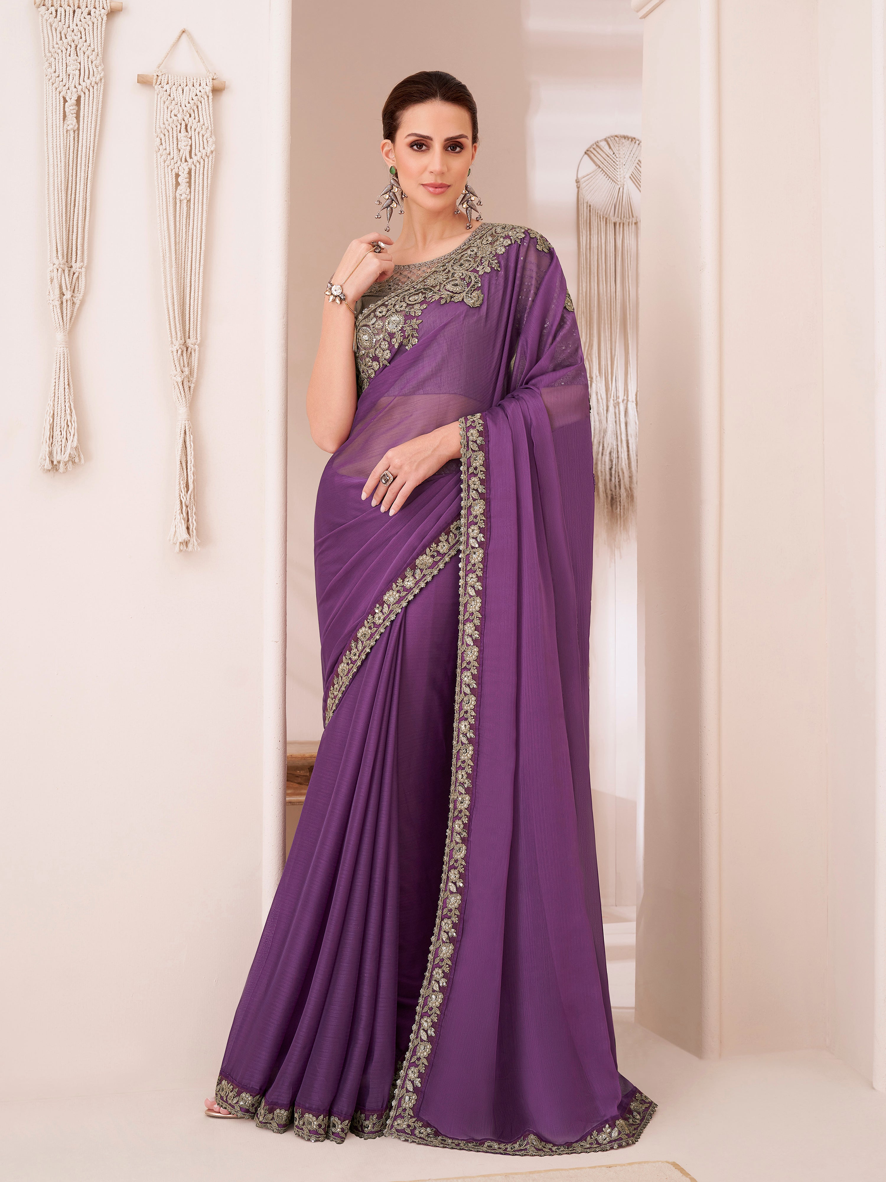 Purple Chiffon Embroidery Sequence Work Saree with Unstitched Blouse Piece Trendmalls