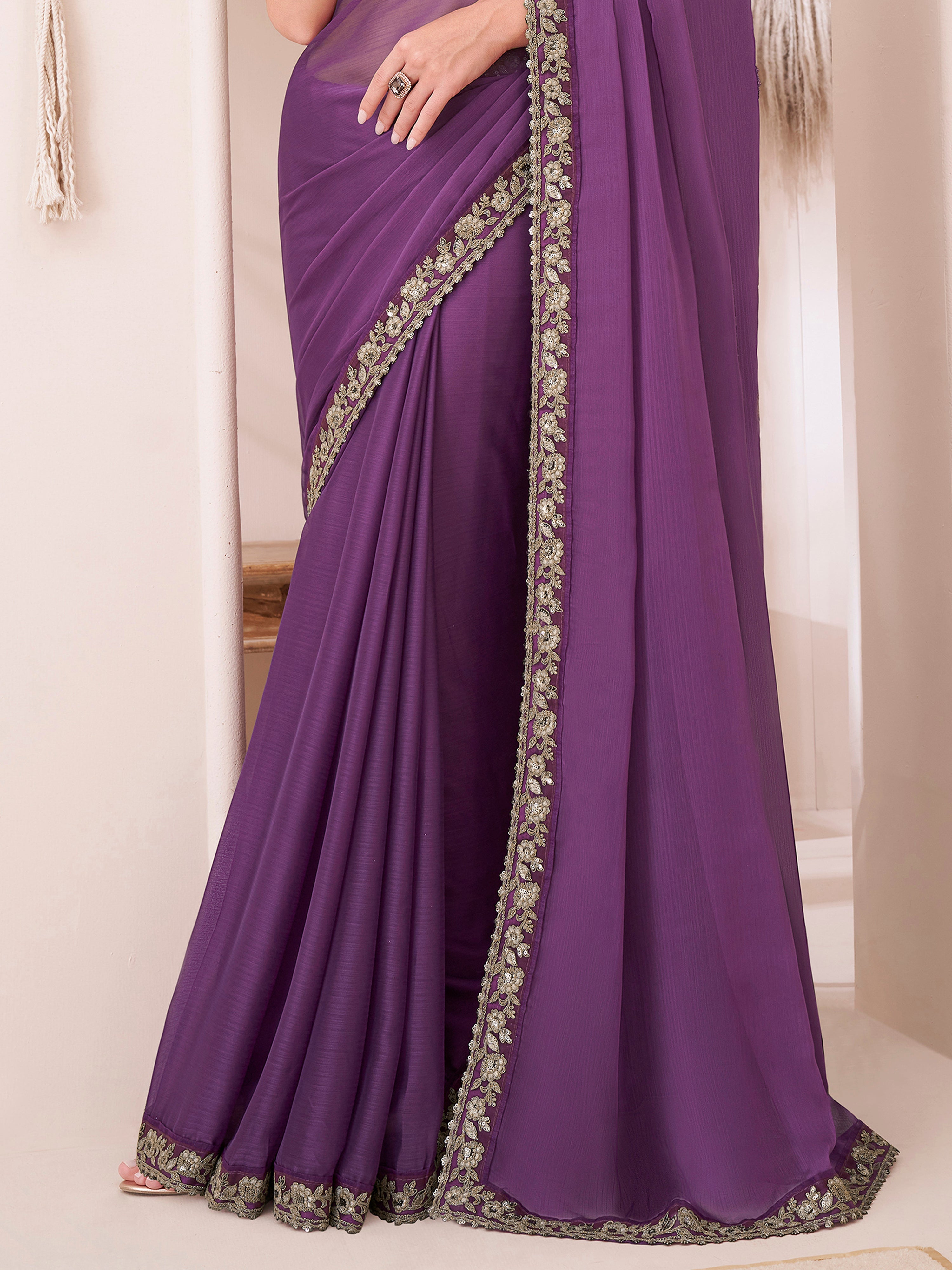 Purple Chiffon Embroidery Sequence Work Saree with Unstitched Blouse Piece Trendmalls