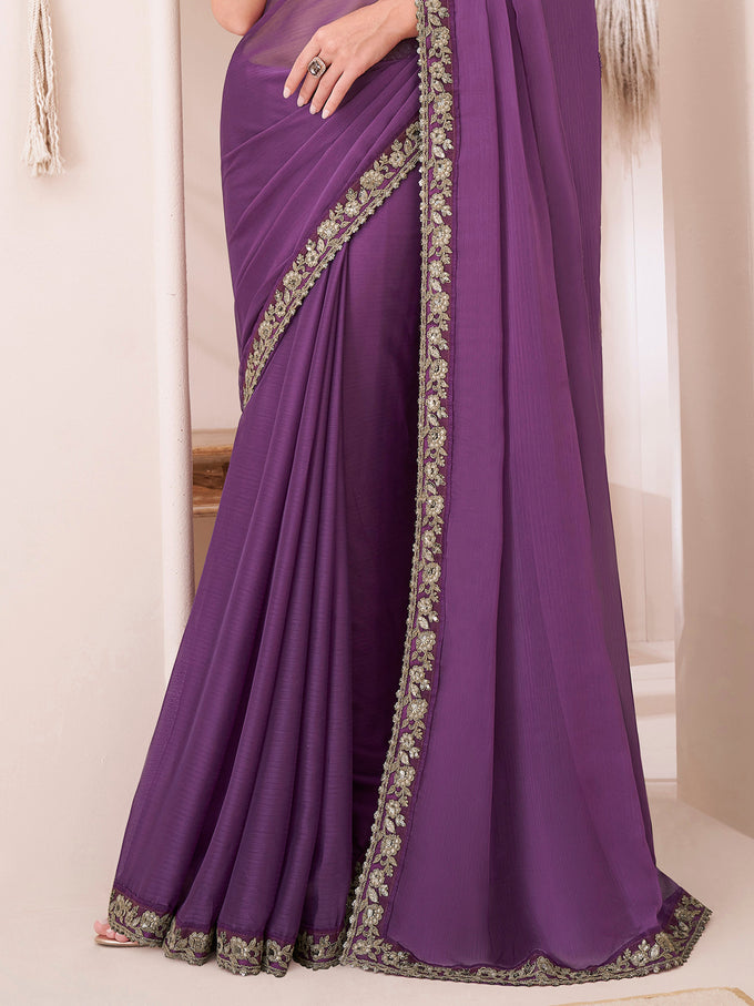 Purple Chiffon Embroidery Sequence Work Saree with Unstitched Blouse Piece Trendmalls