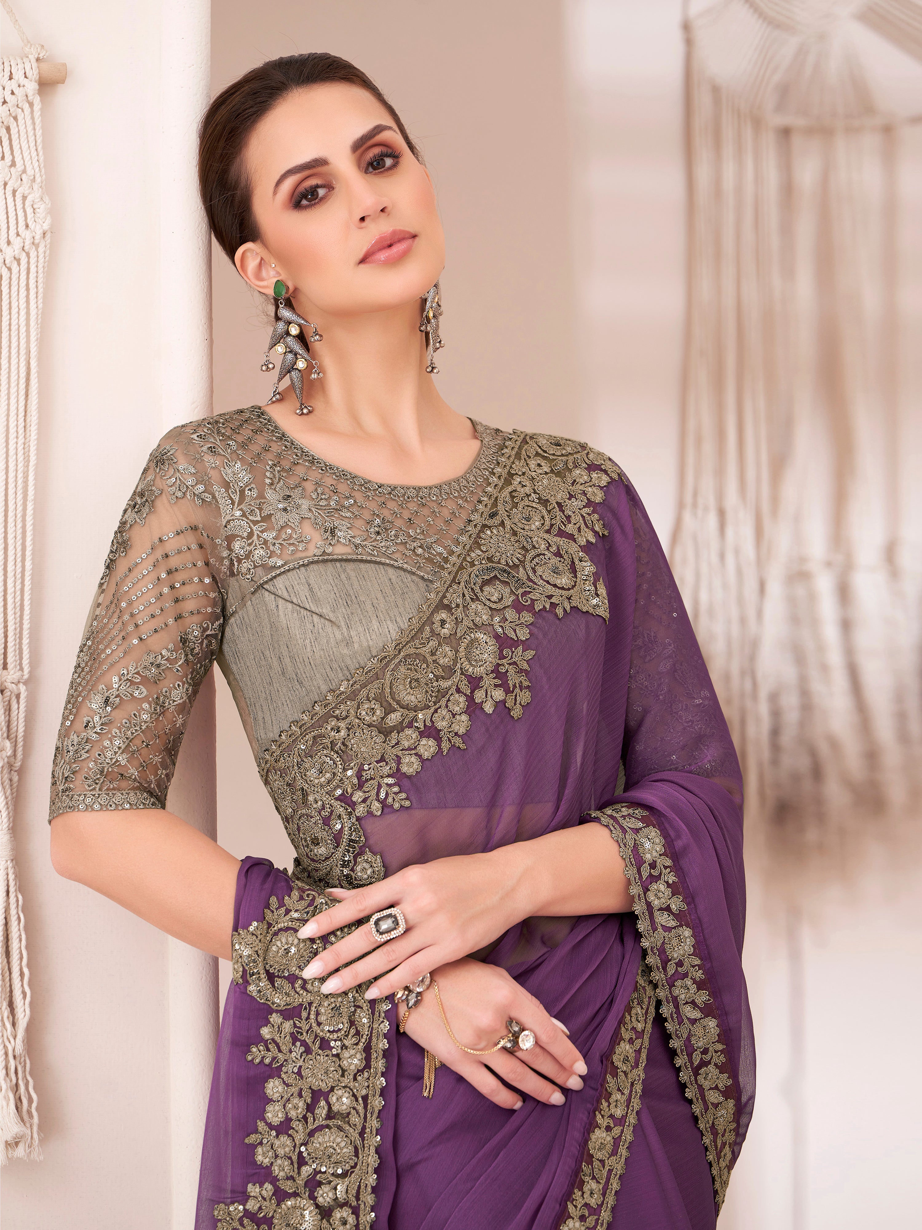 Purple Chiffon Embroidery Sequence Work Saree with Unstitched Blouse Piece Trendmalls