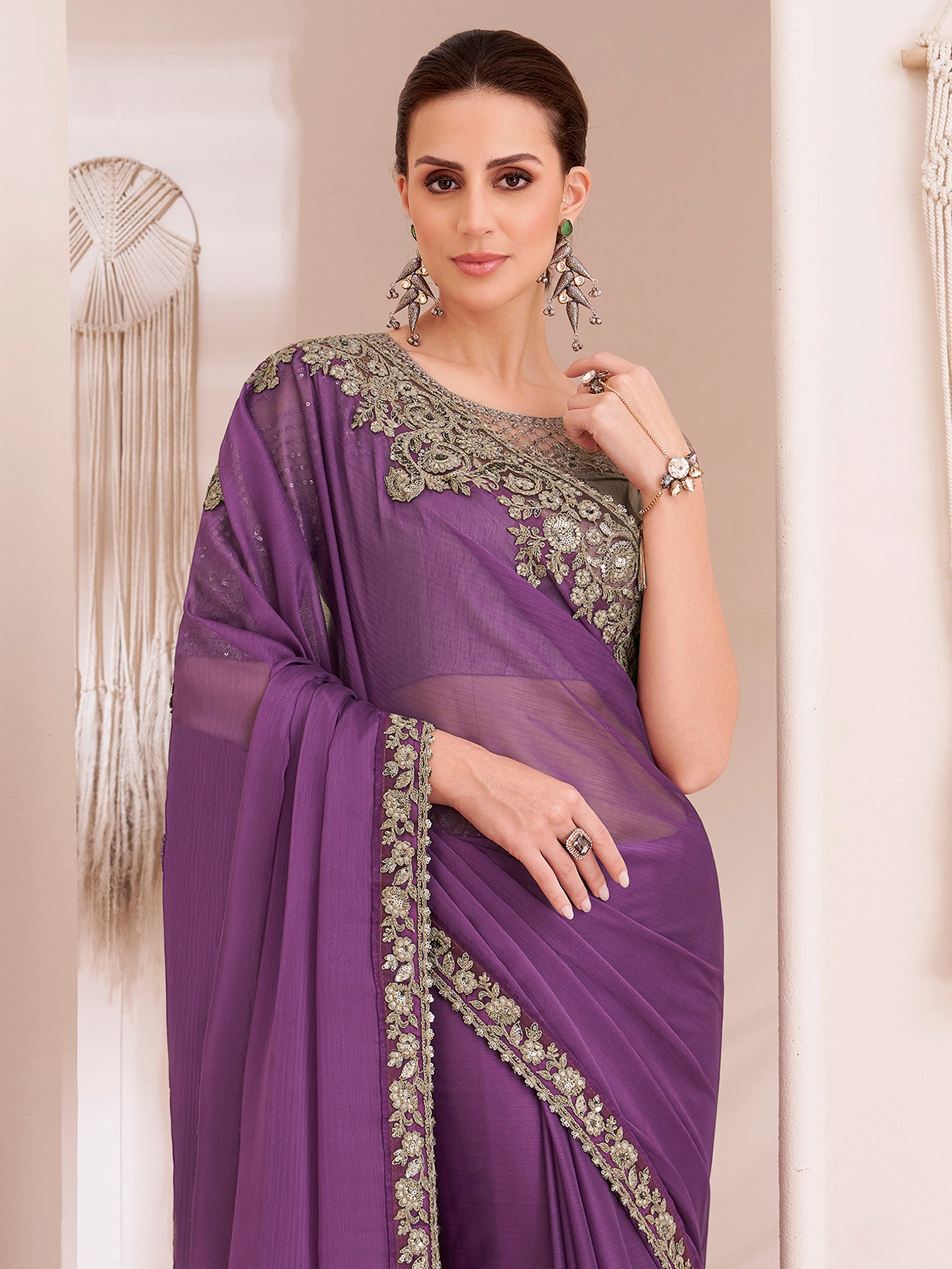 Purple Chiffon Embroidery Sequence Work Saree with Unstitched Blouse Piece Trendmalls
