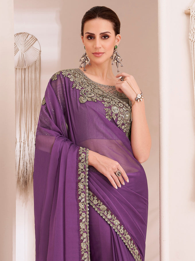 Purple Chiffon Embroidery Sequence Work Saree with Unstitched Blouse Piece Trendmalls