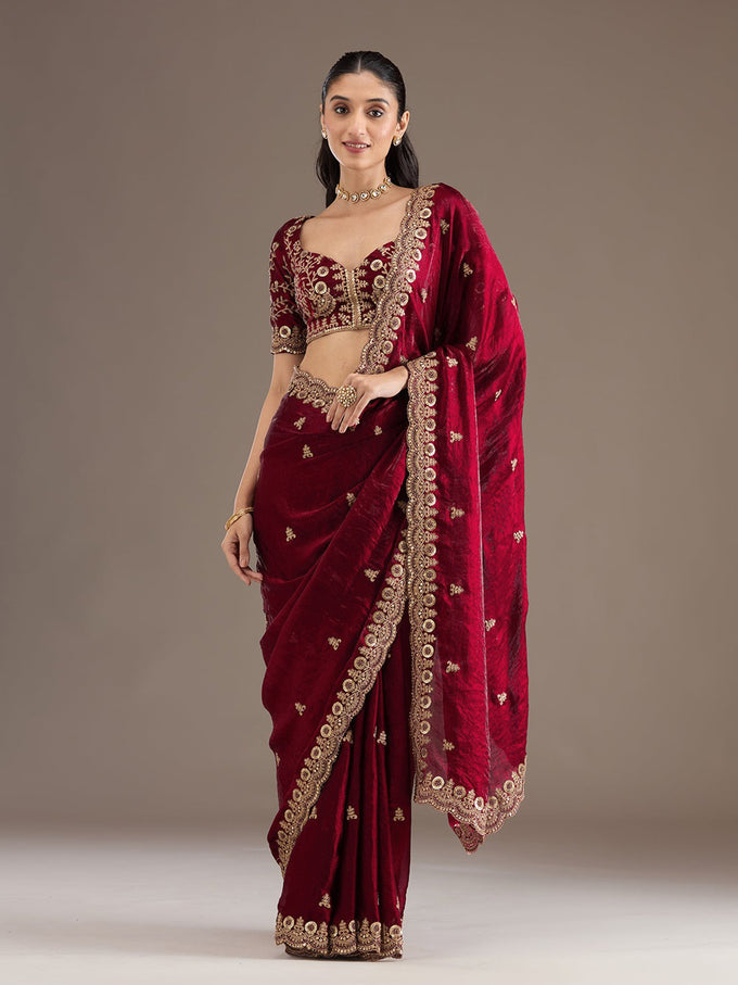 Maroon Satin Embroidery Work Saree with Unstitched Blouse Piece