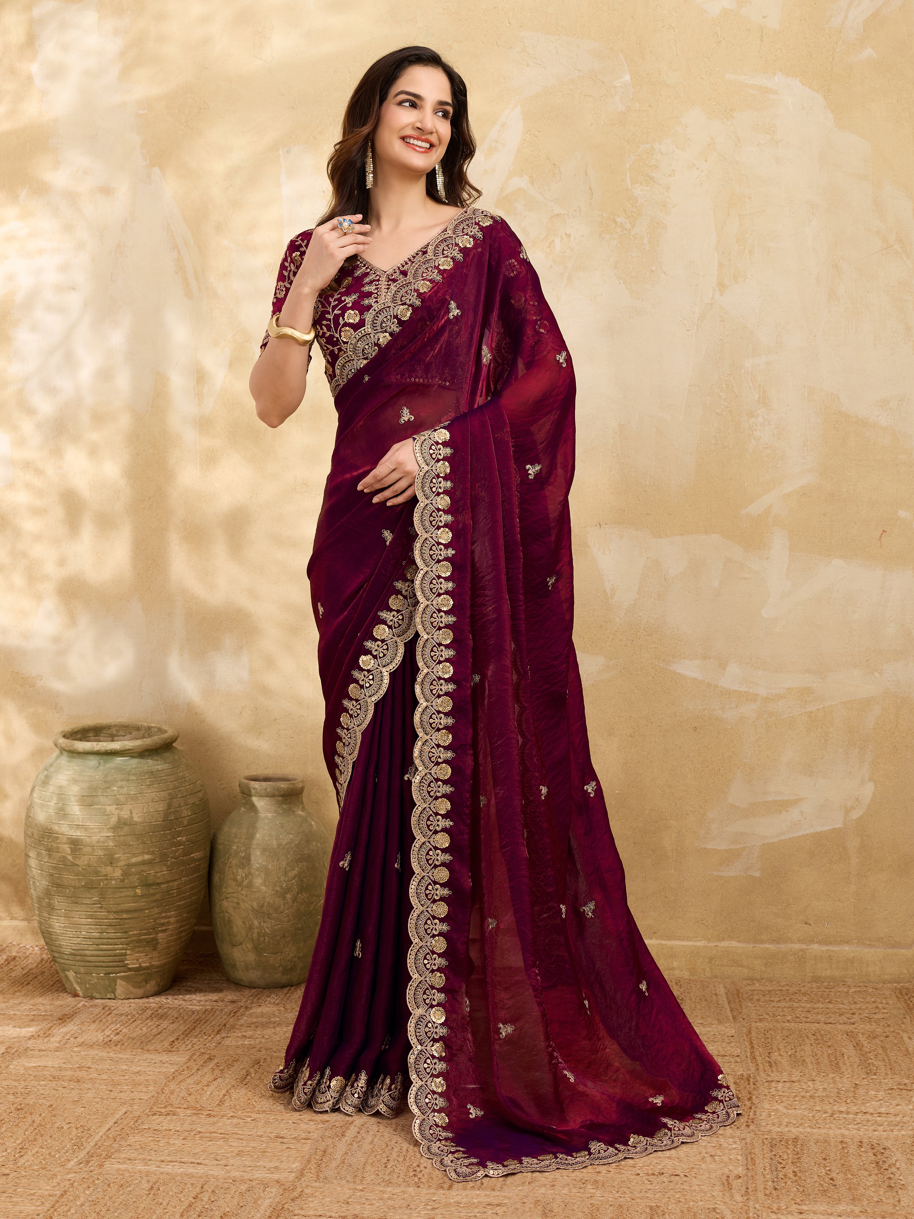 Maroon Satin Embroidery Work Saree with Unstitched Blouse Piece